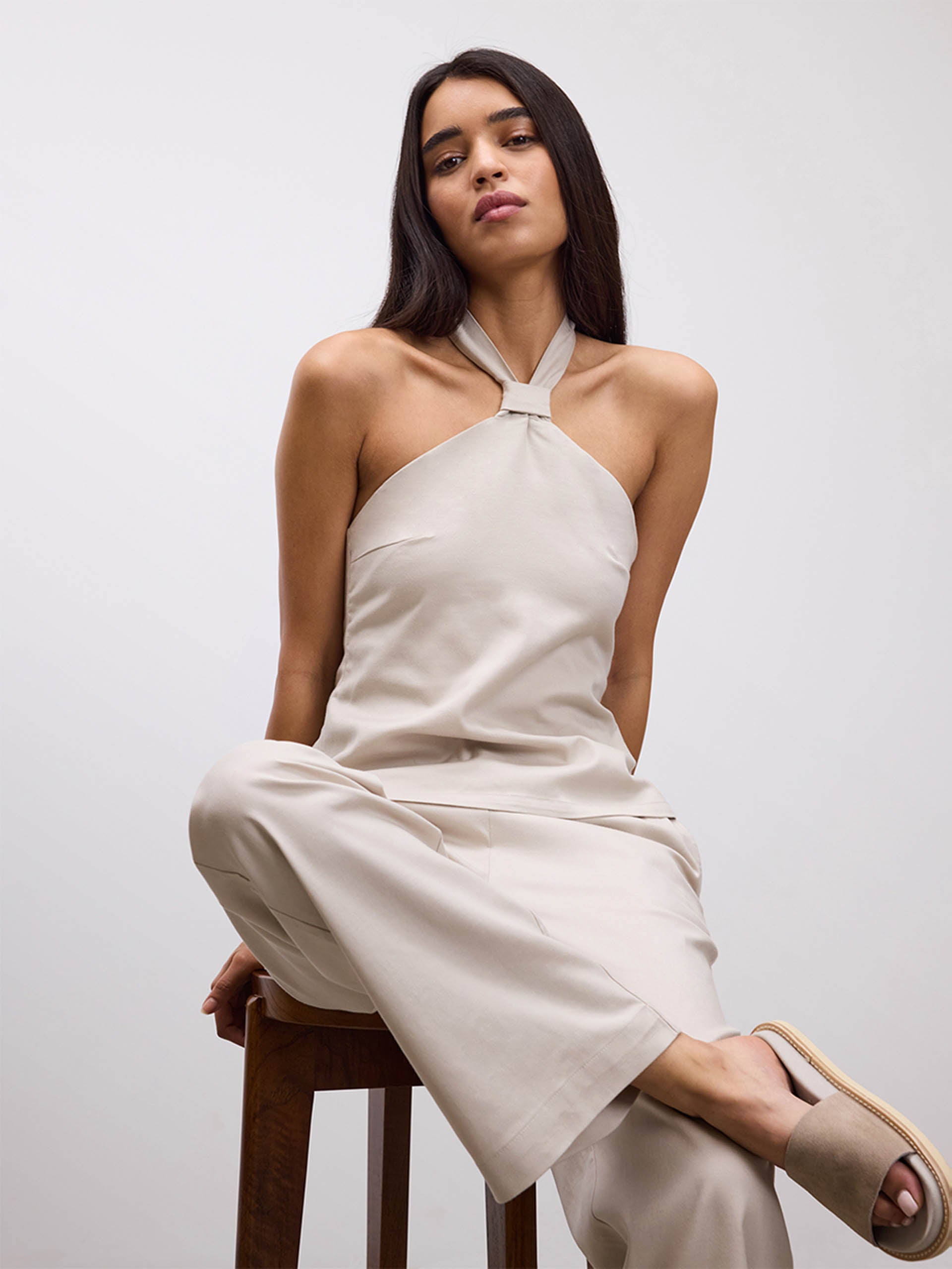 Womens Linen Halter Top in Stone