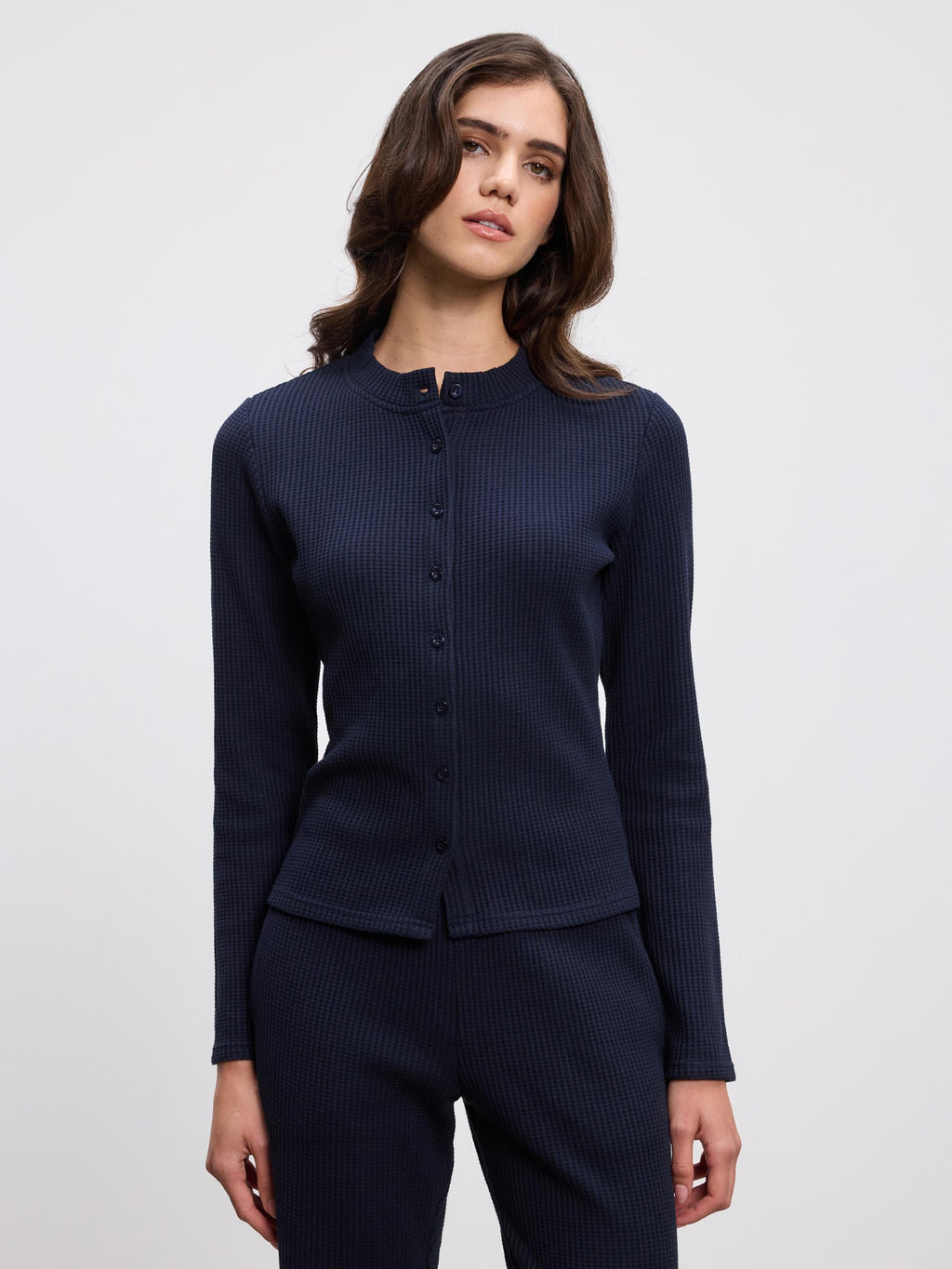Womens Waffle Button Through Cardigan in Navy
