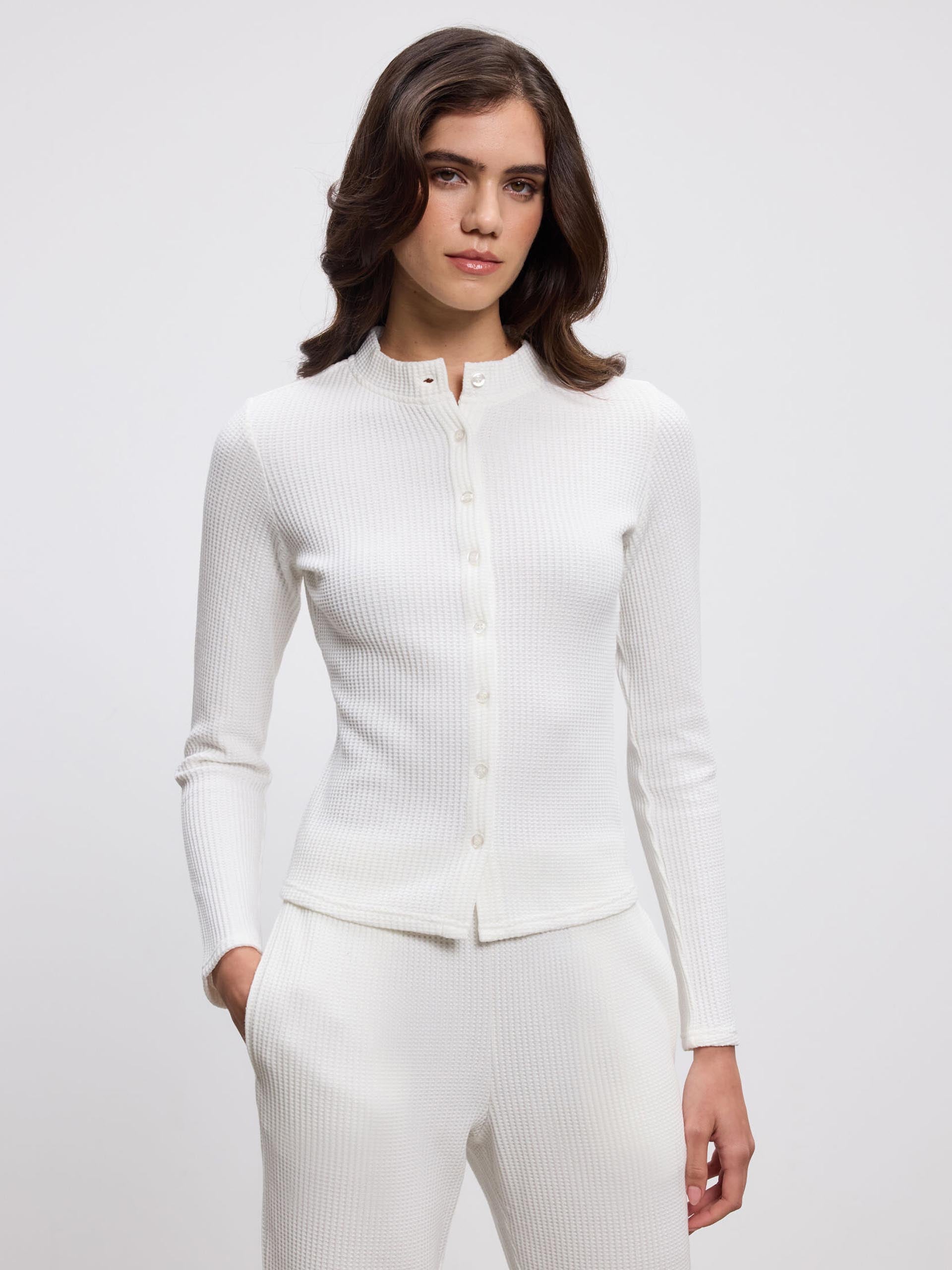 Womens Waffle Button Through Cardigan in Ecru