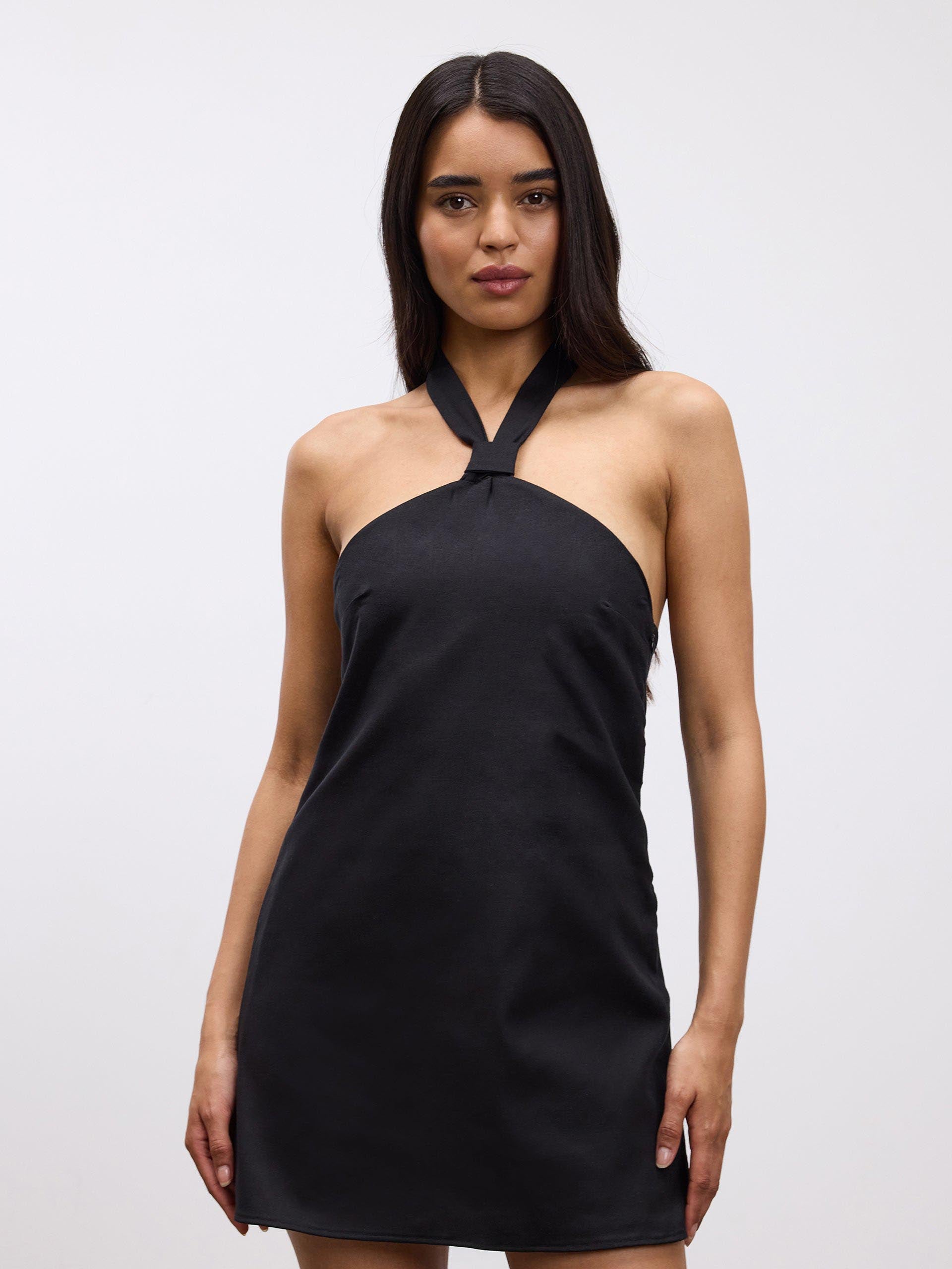Womens Linen Halter Dress in Black