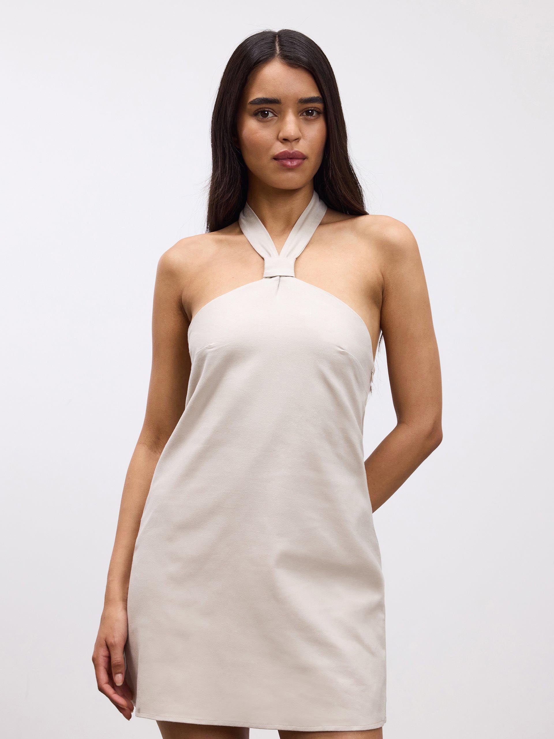 Womens Linen Halter Dress in Stone