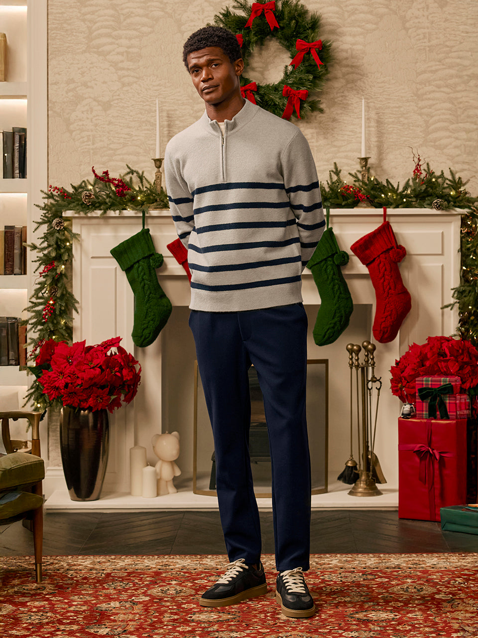 Chunky Wool Stripe Half Zip in Stone