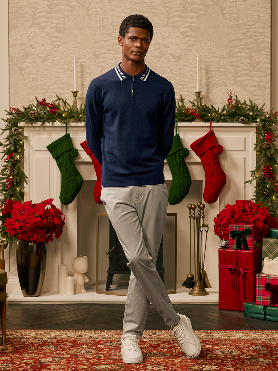 Tipped Knitted Long Sleeve Polo Shirt in Navy Stone