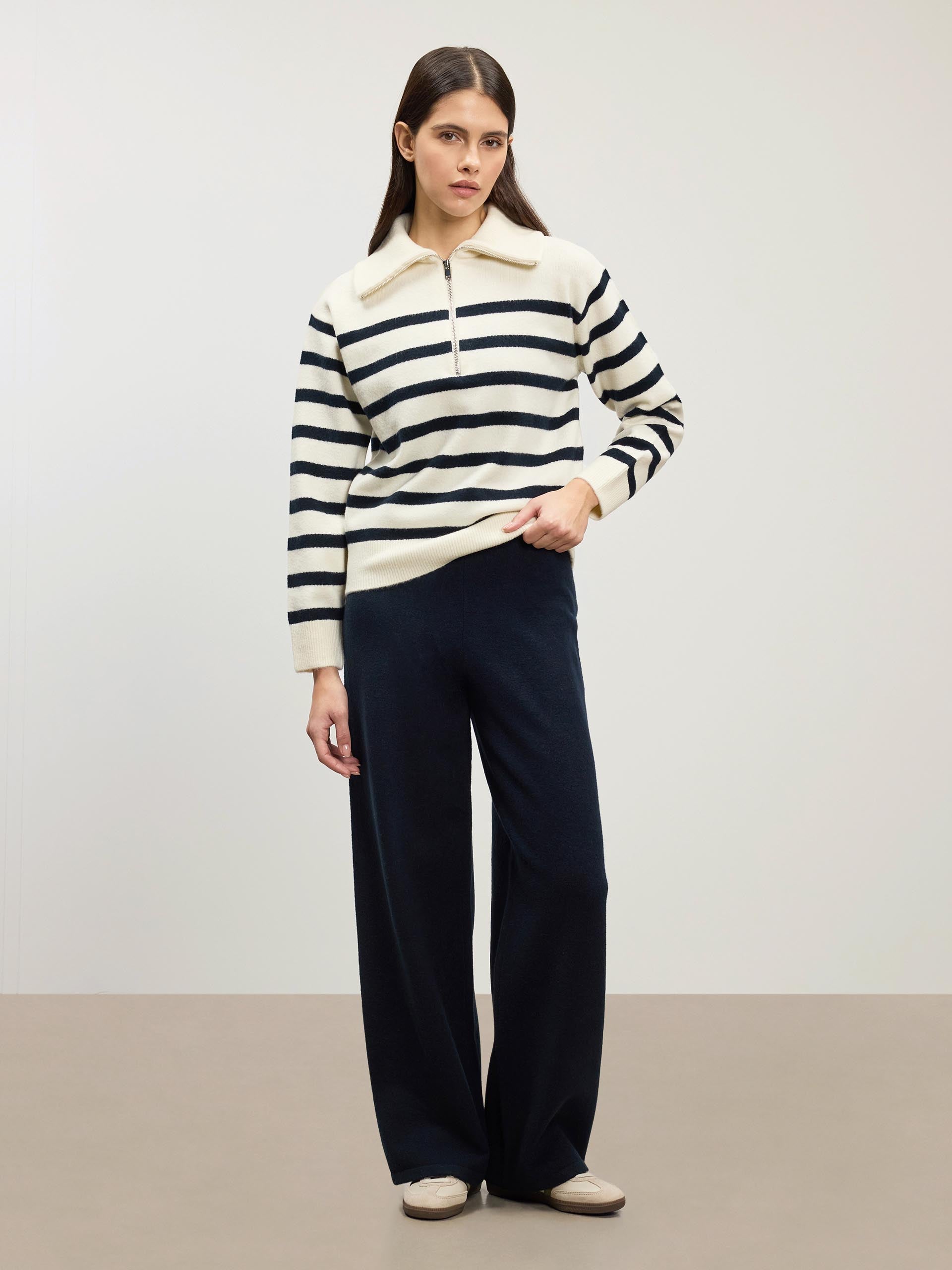 Womens Chunky Wool Stripe Half Zip in Off White Navy