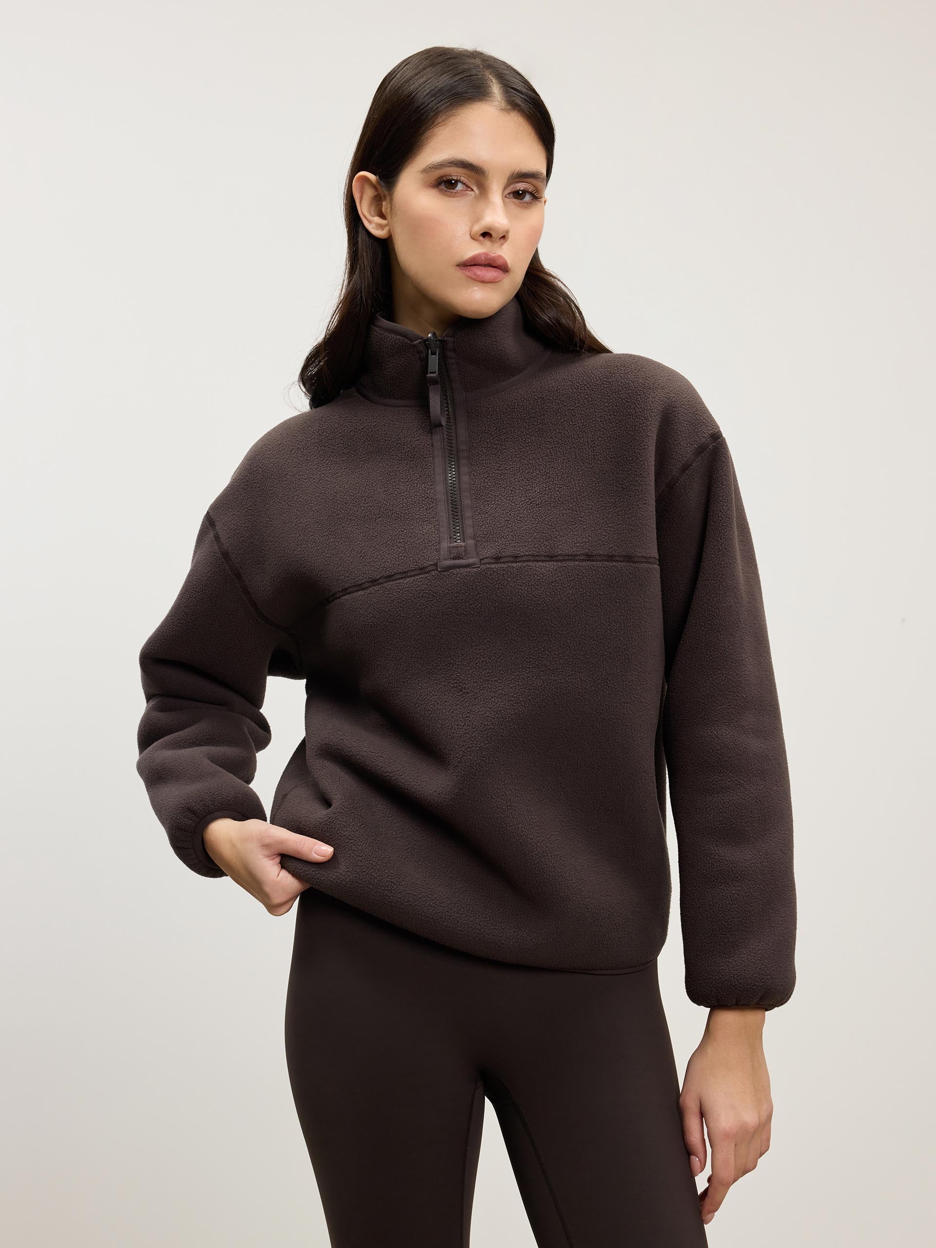 Womens Reversible Sherpa Fleece Half Zip in Brown