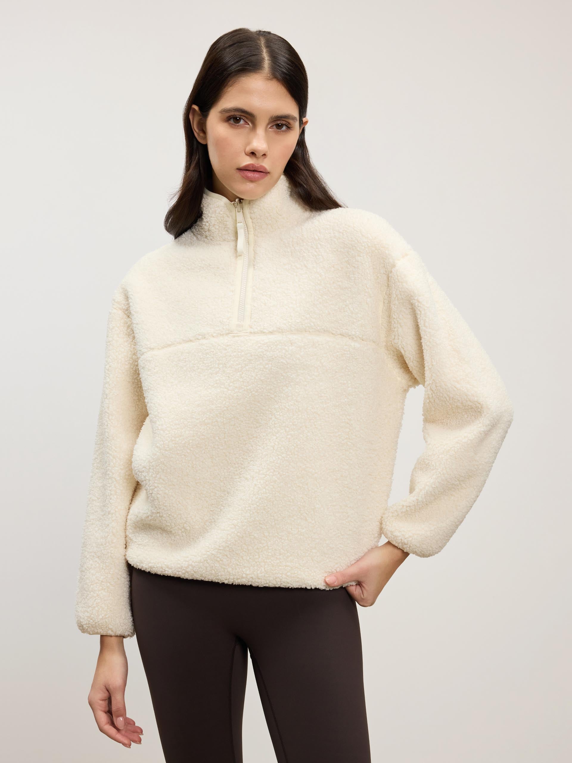 Womens Reversible Sherpa Fleece Half Zip in Ecru