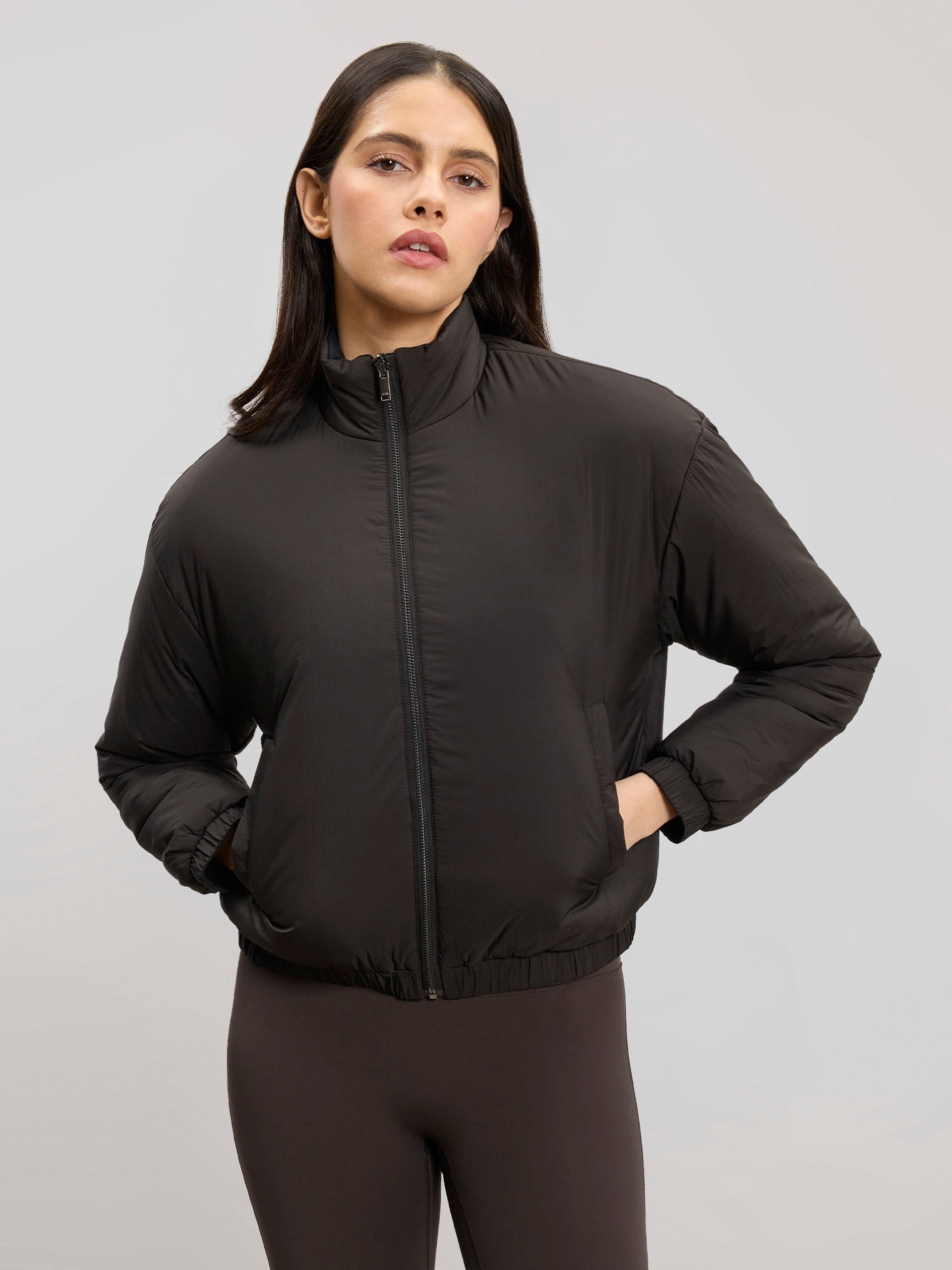 Womens Relaxed Reversible Funnel Neck Jacket in Brown And Black