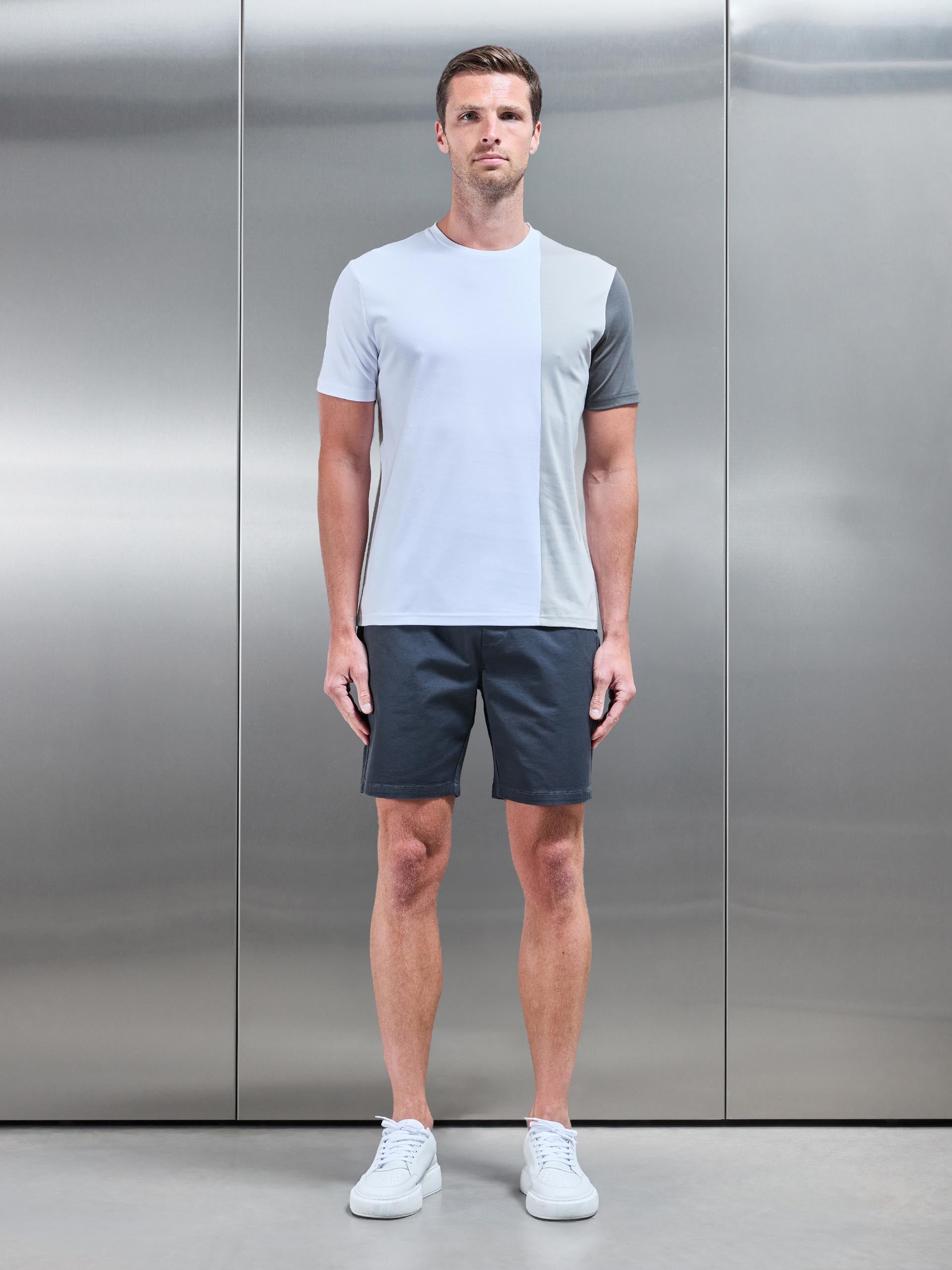 Albi Mercerised Cotton Colour Block T-Shirt in Mid Grey