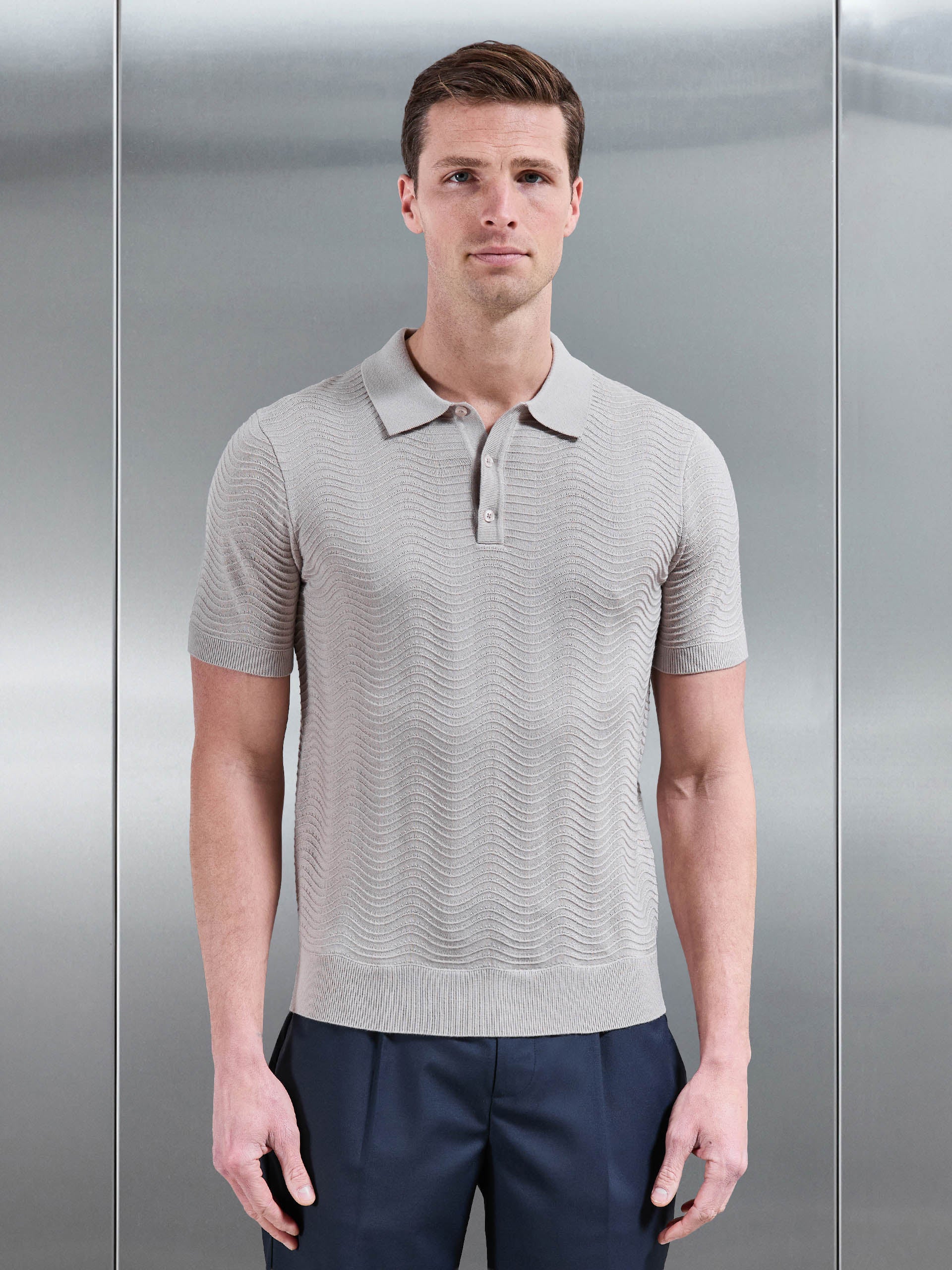 Arles Wave Plain Textured Polo Shirt in Stone
