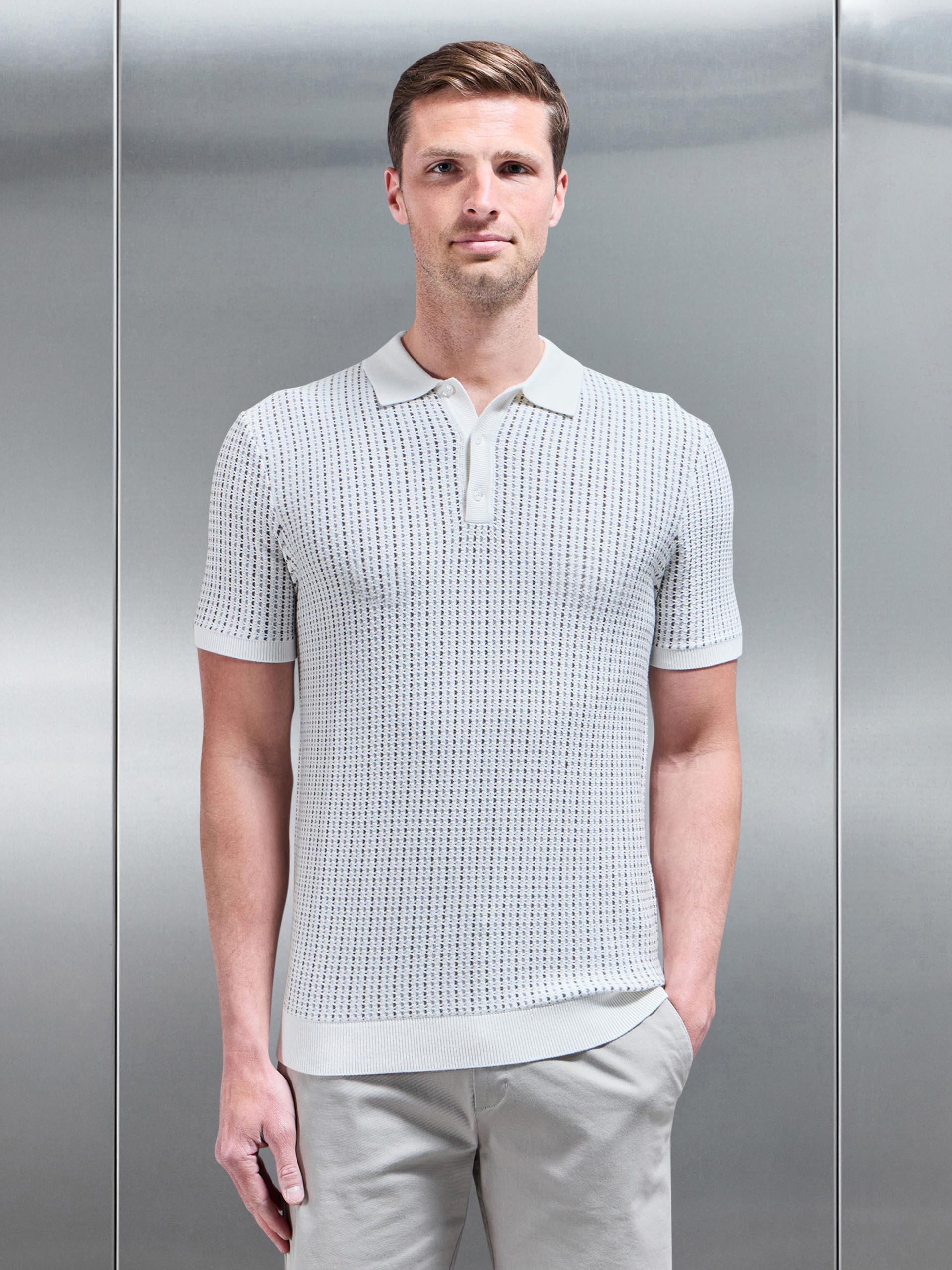 Aspley Knitted Button Polo Shirt in Stone