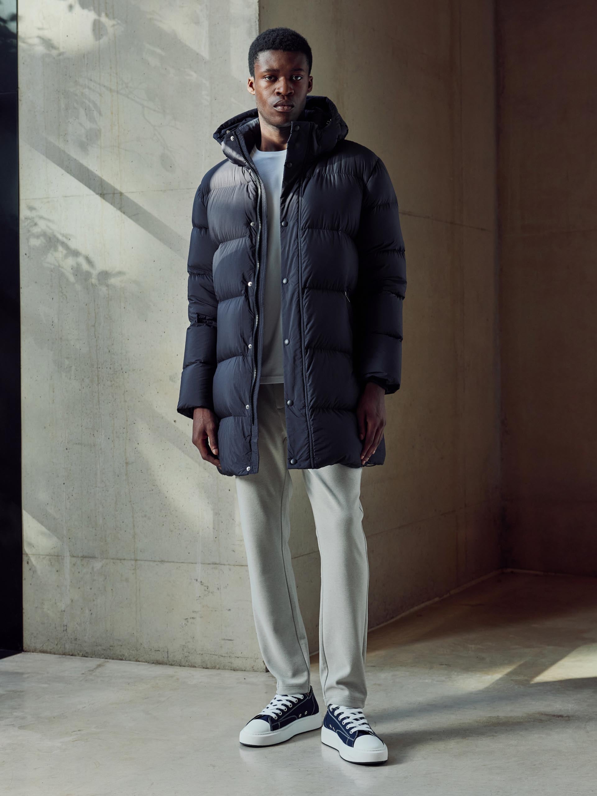Goose Down Mid Length Jacket in Navy
