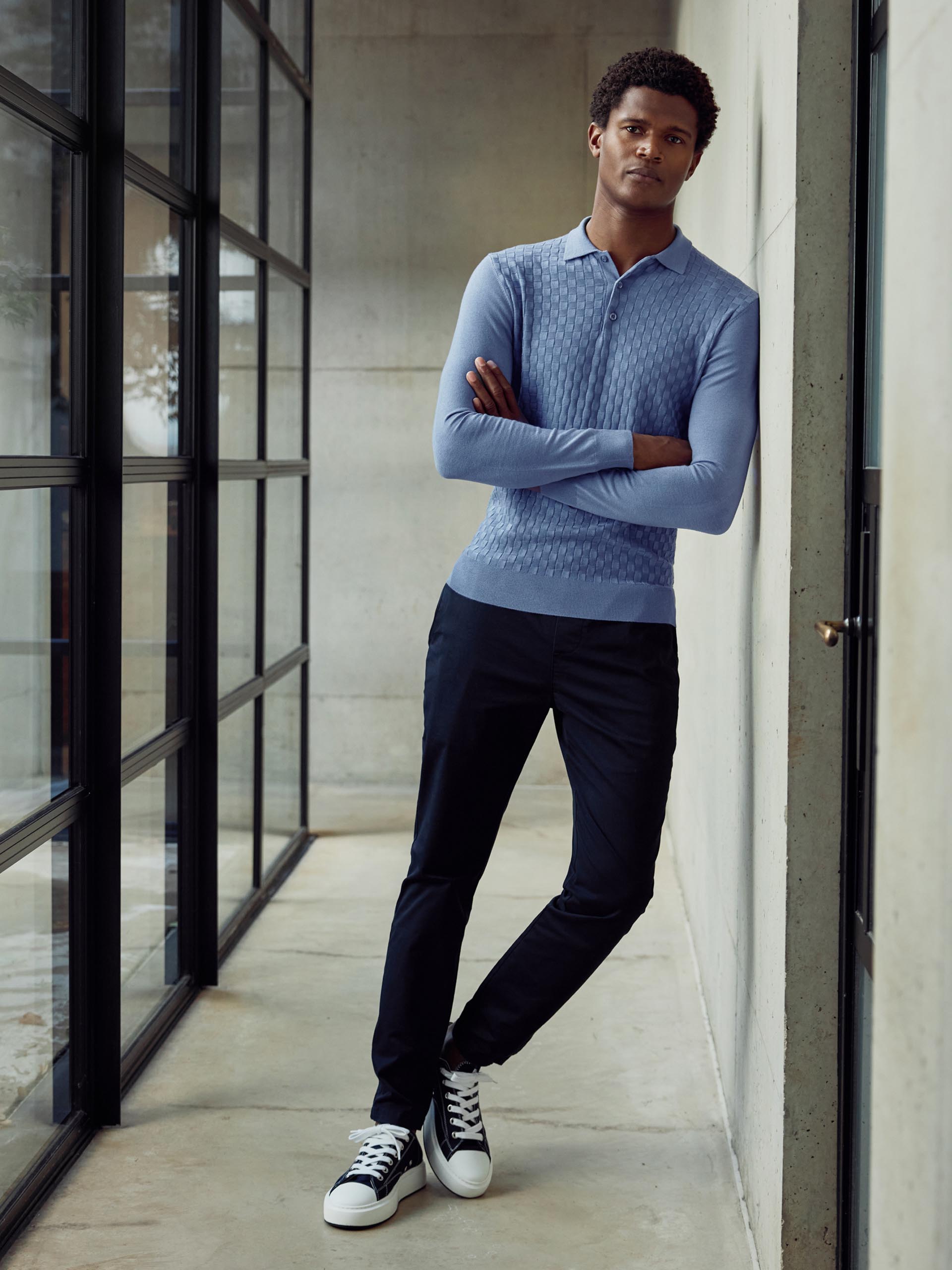 Square Textured Long Sleeve Button Polo Shirt in Silk Blue