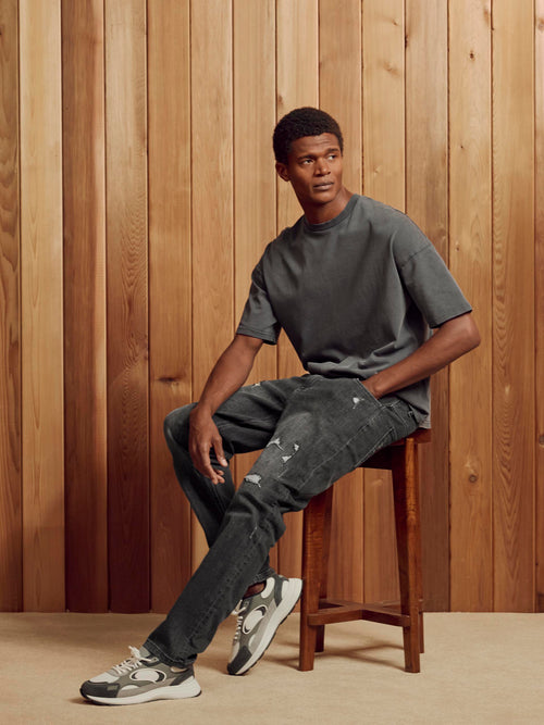 Distressed Straight Leg Denim Jeans in Grey Wash