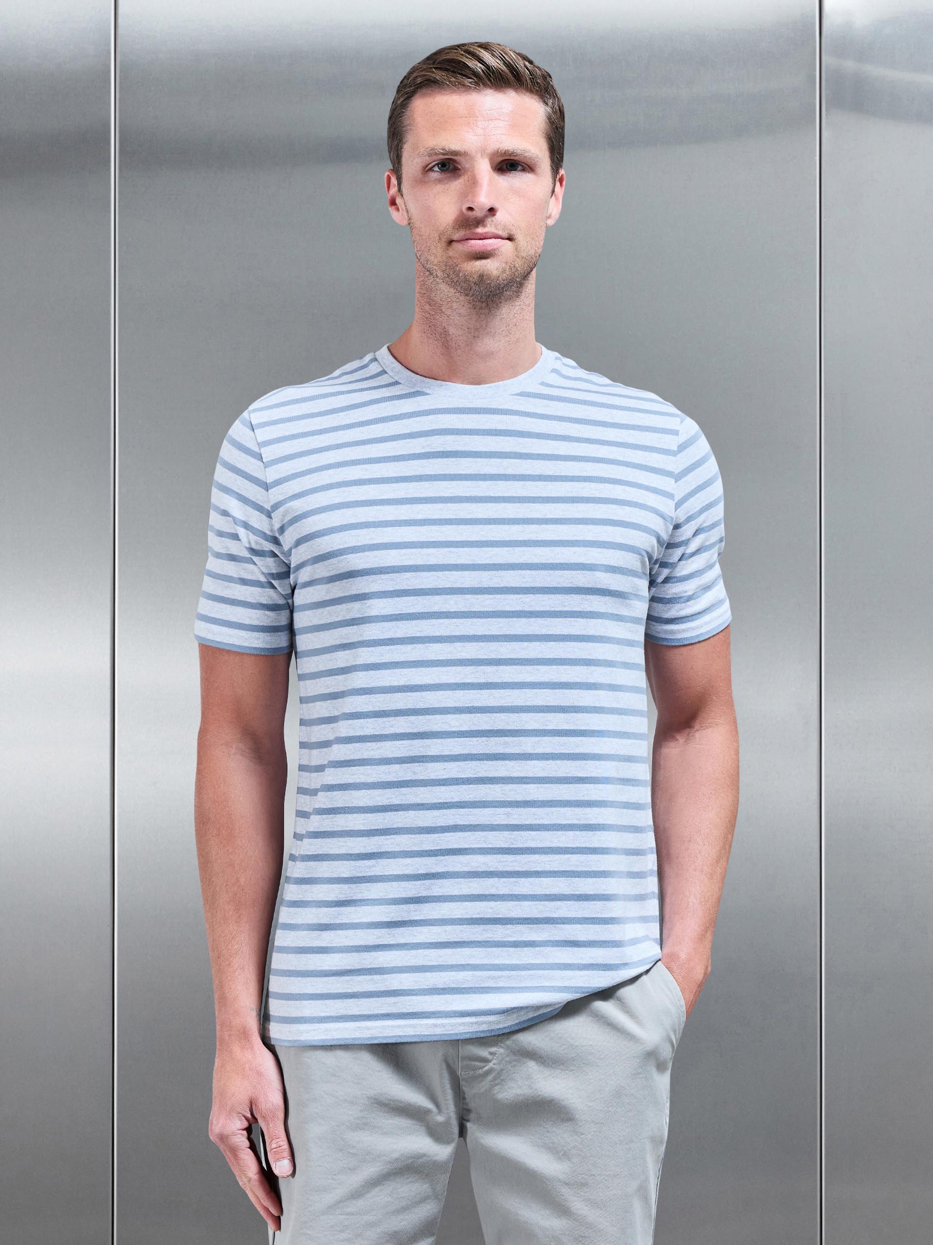 Basic Stripe T-Shirt in Marl Grey Light Blue