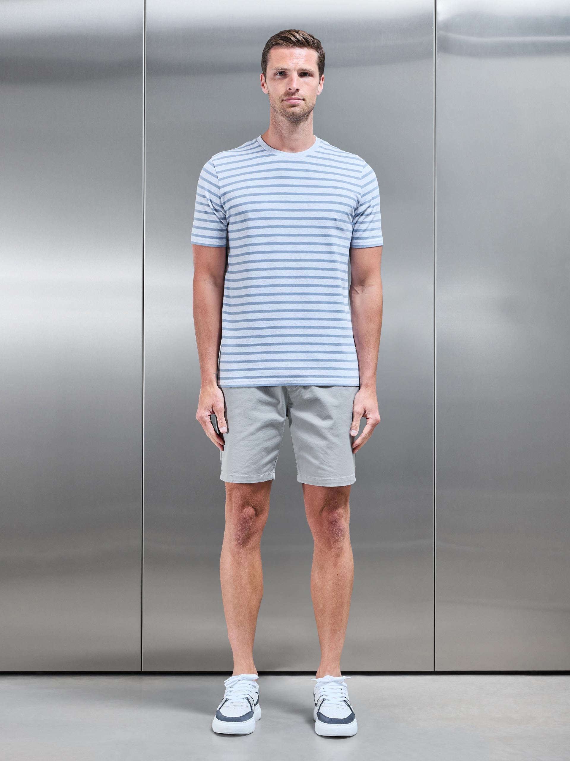 Basic Stripe T-Shirt in Marl Grey Light Blue