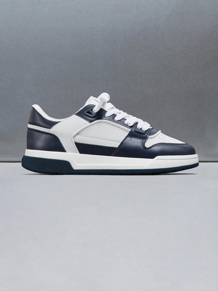 Leather Basket Trainer in White Navy