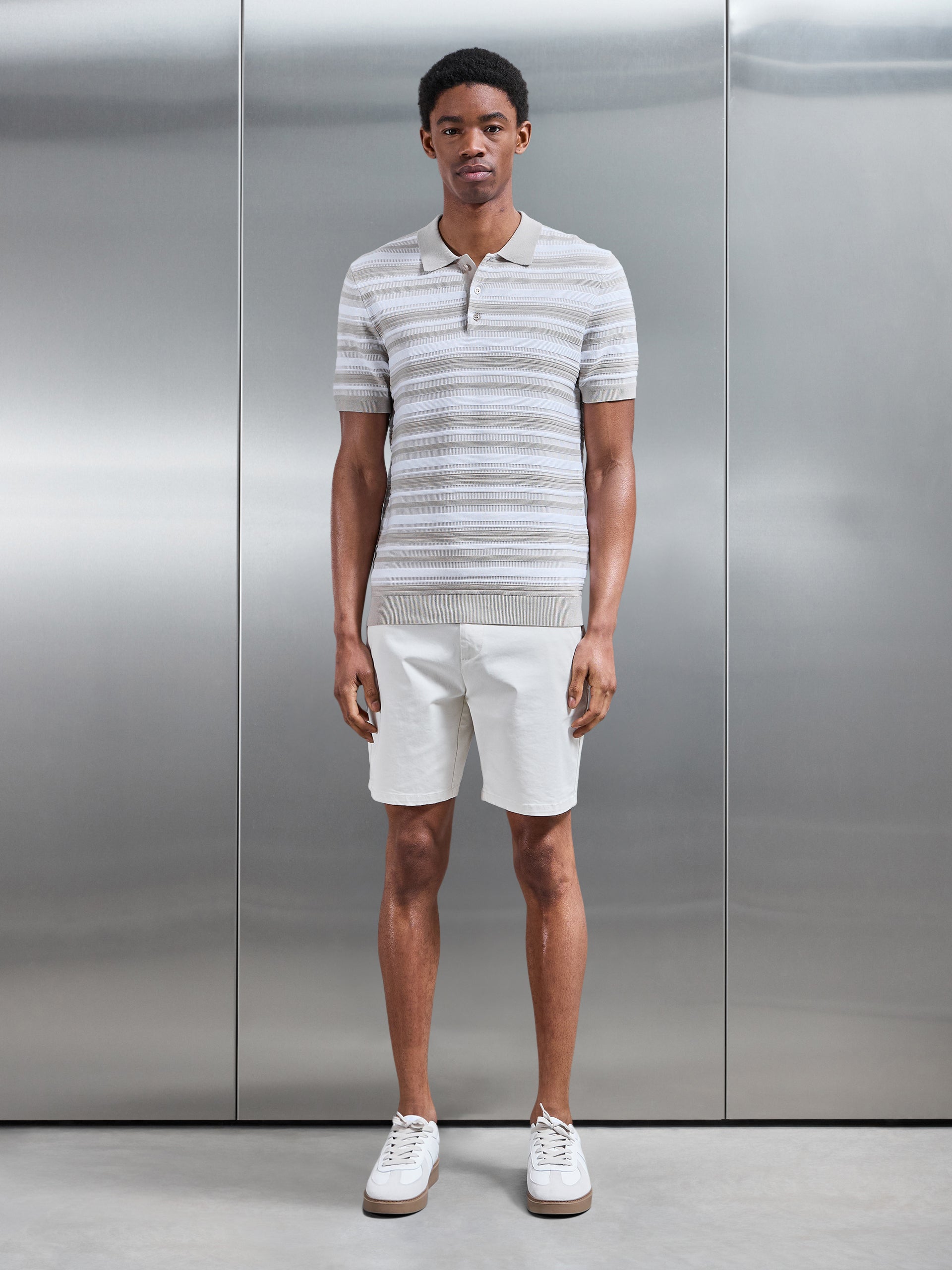 Bellano Knitted Textured Stripe Polo Shirt in Stone