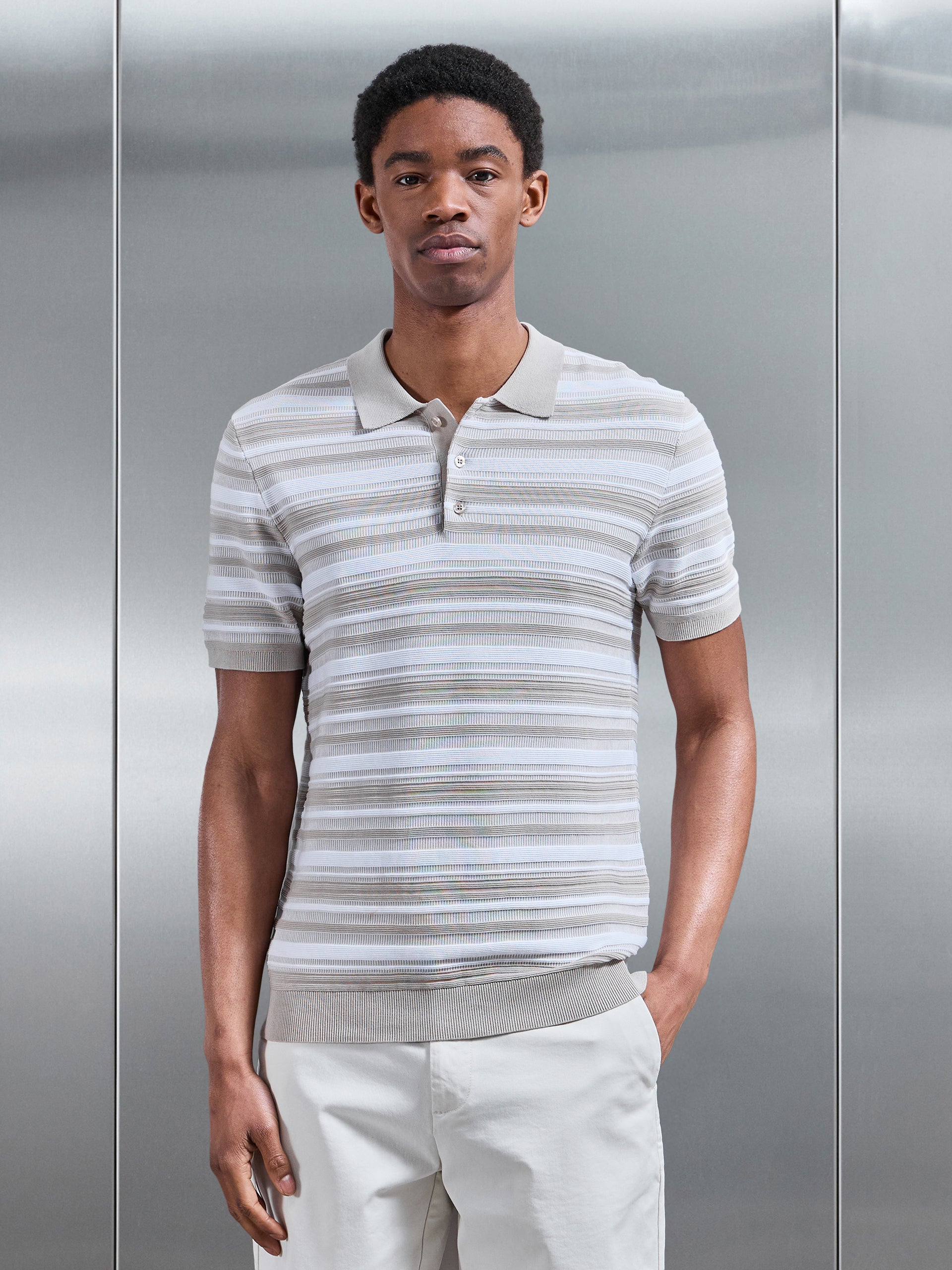 Bellano Knitted Textured Stripe Polo Shirt in Stone