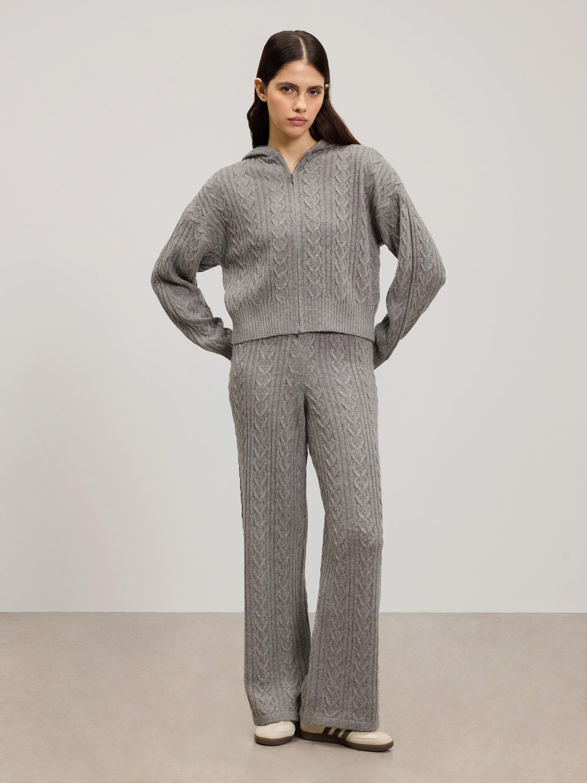 Womens Cable Knit Zip Hoodie in Charcoal Marl