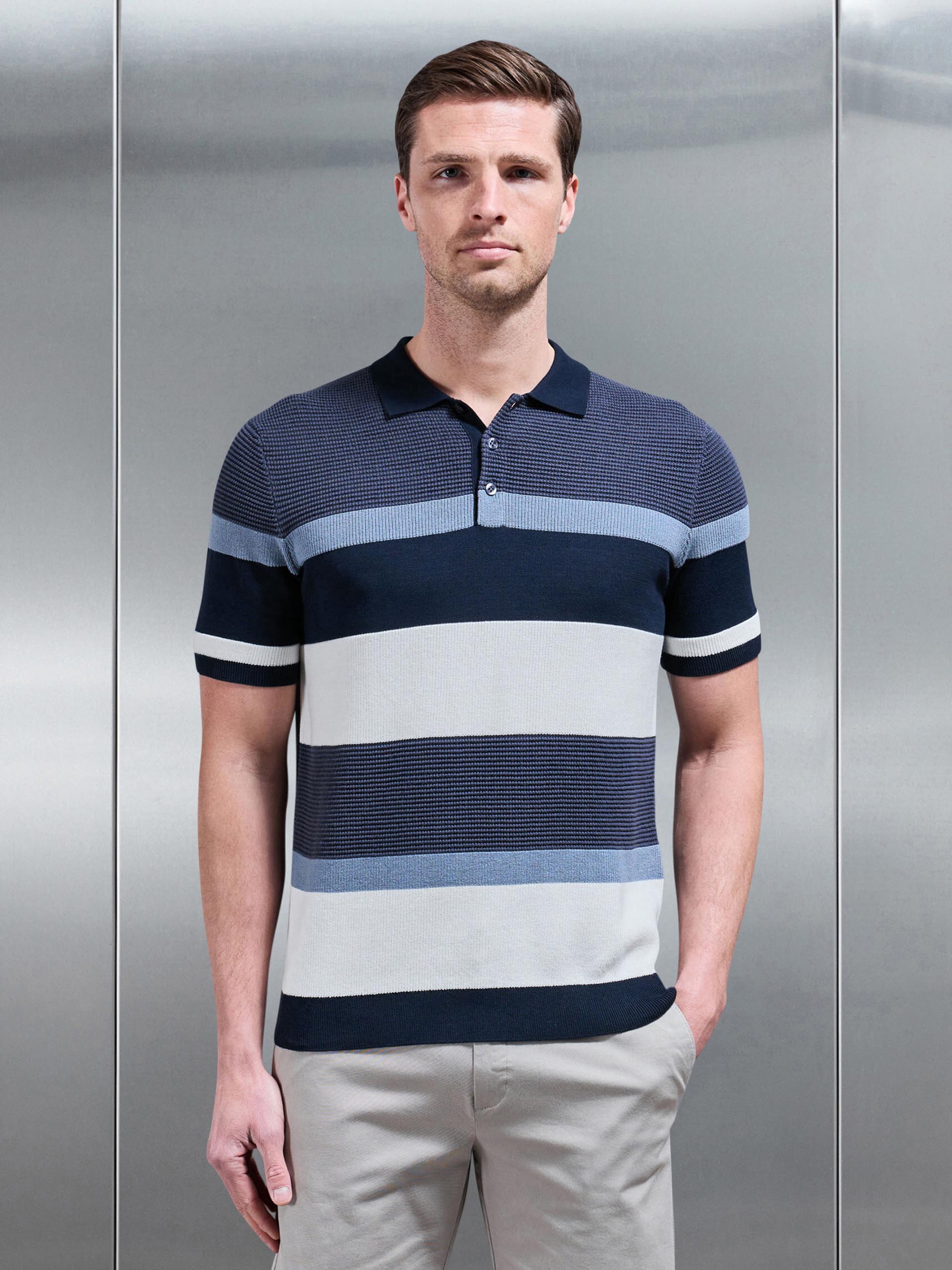 Calle Colour Block Knitted Polo Shirt in Navy