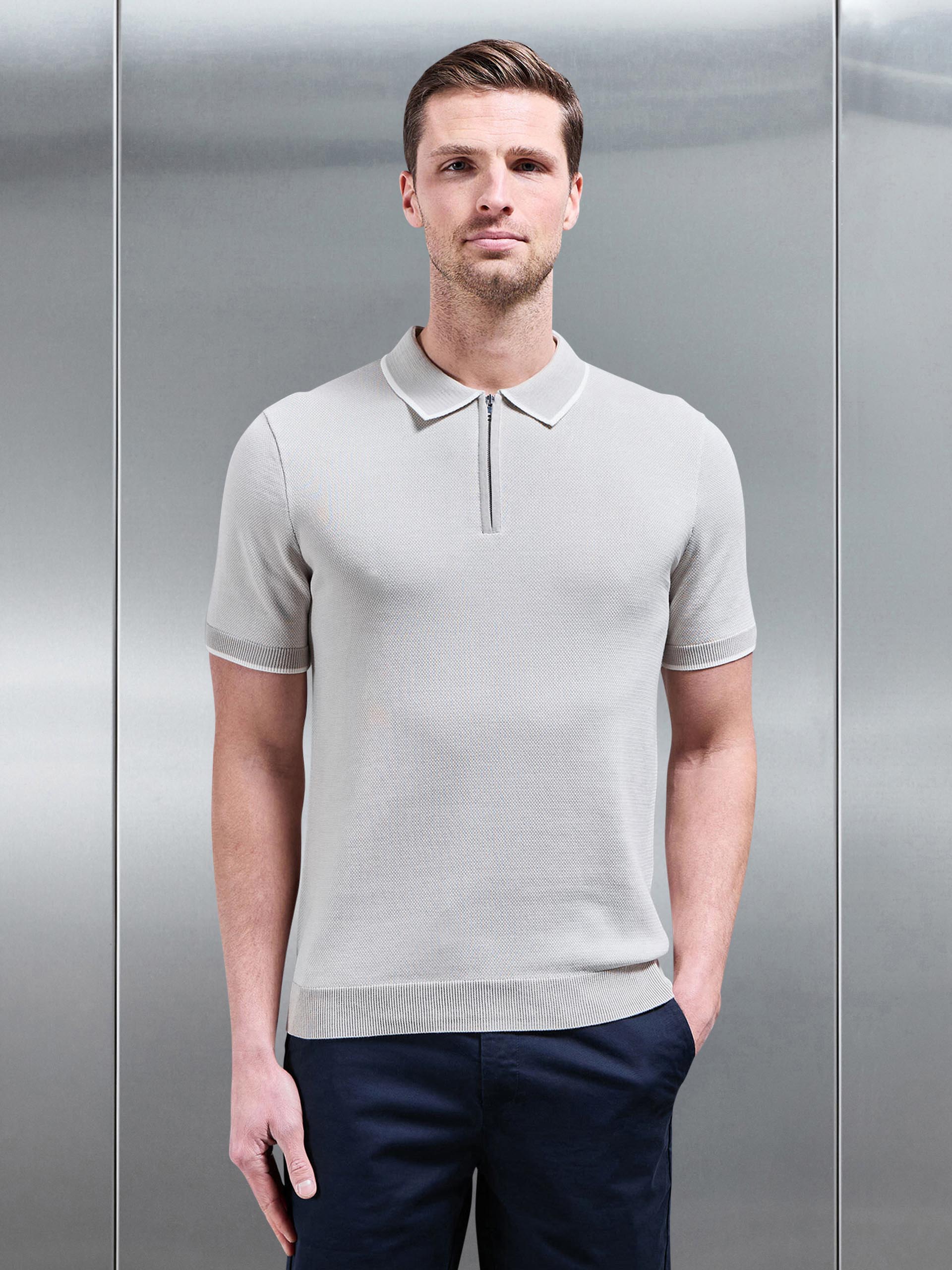 Capri Textured Knitted Zip Polo Shirt in Stone