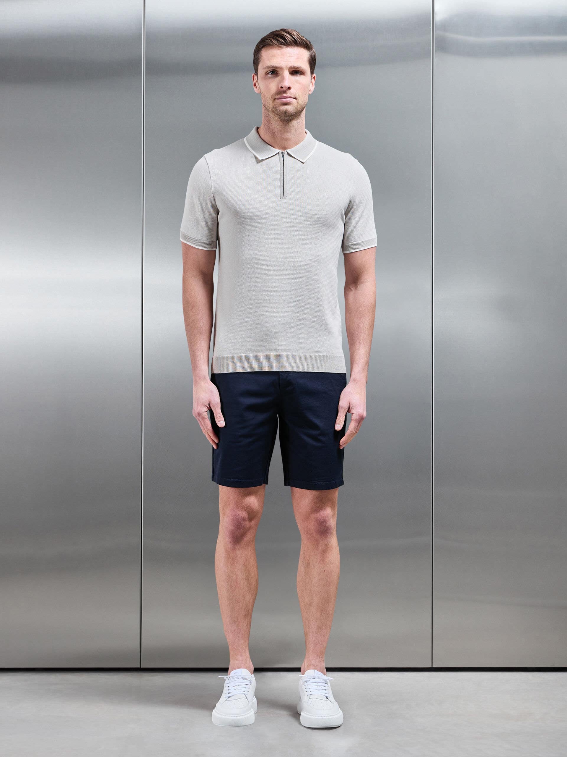 Capri Textured Knitted Zip Polo Shirt in Stone