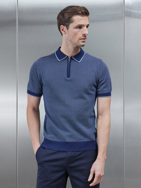 Capri Textured Knitted Zip Polo Shirt in Navy