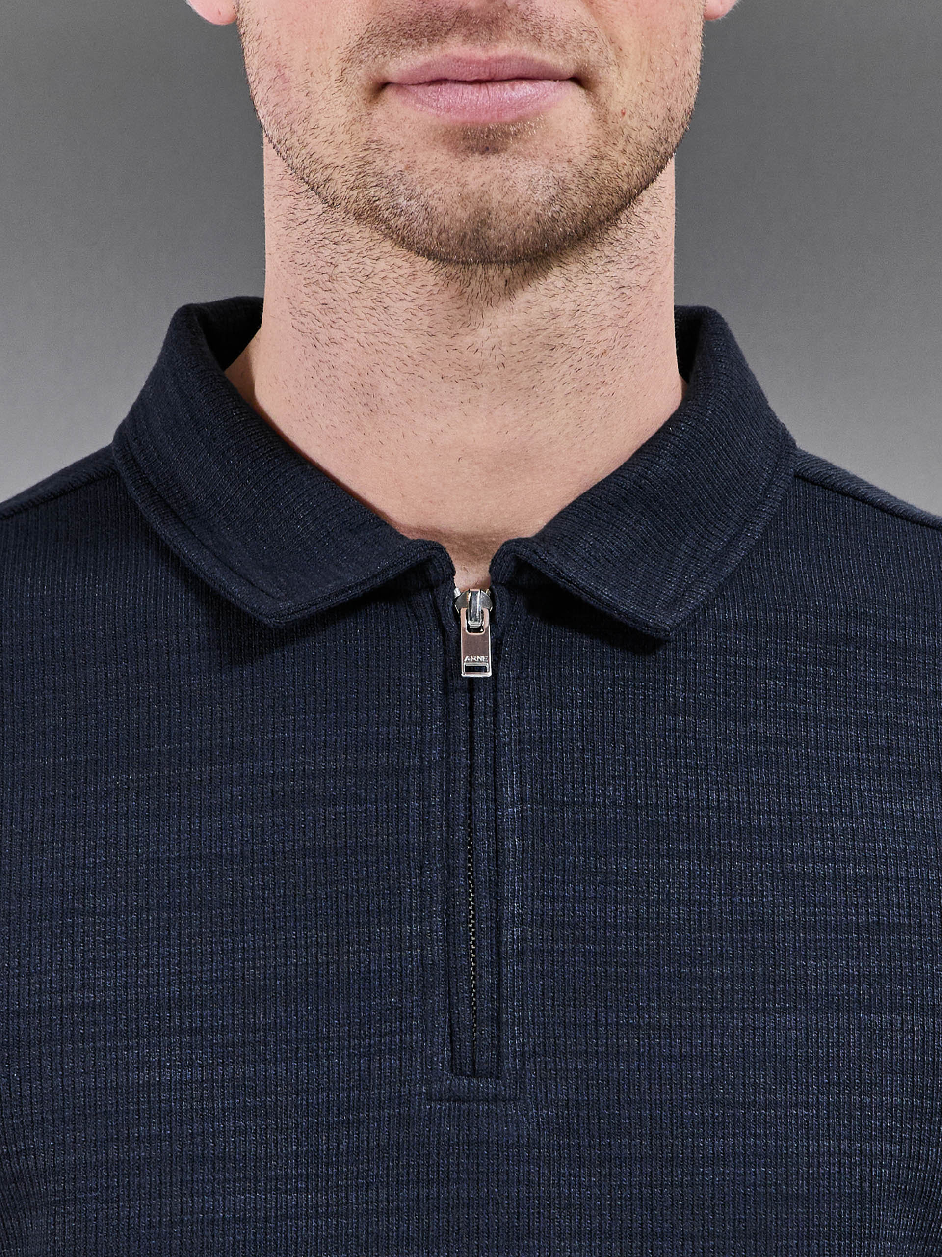 Cavour Textured Zip Polo Shirt in Navy