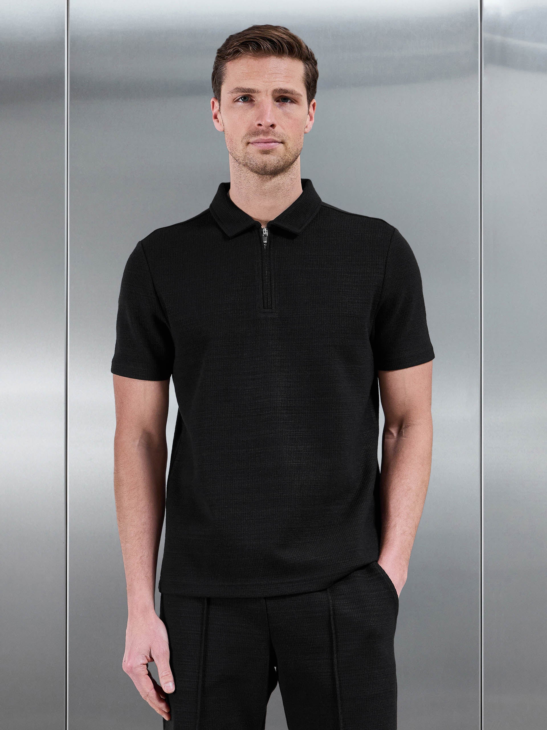 Cavour Textured Zip Polo Shirt in Black