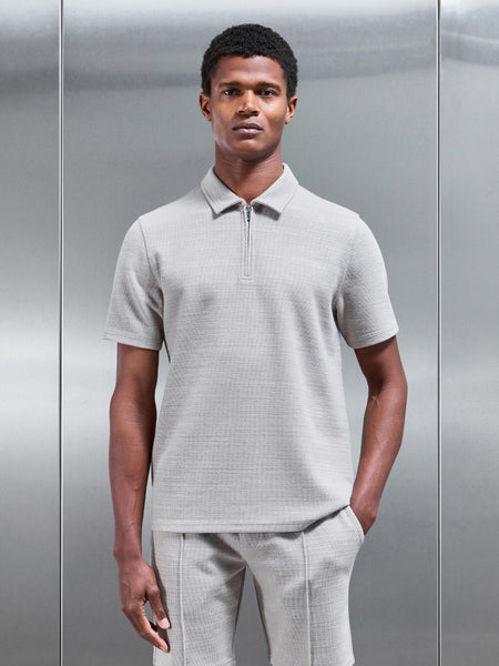 Cavour Textured Zip Polo Shirt in Stone