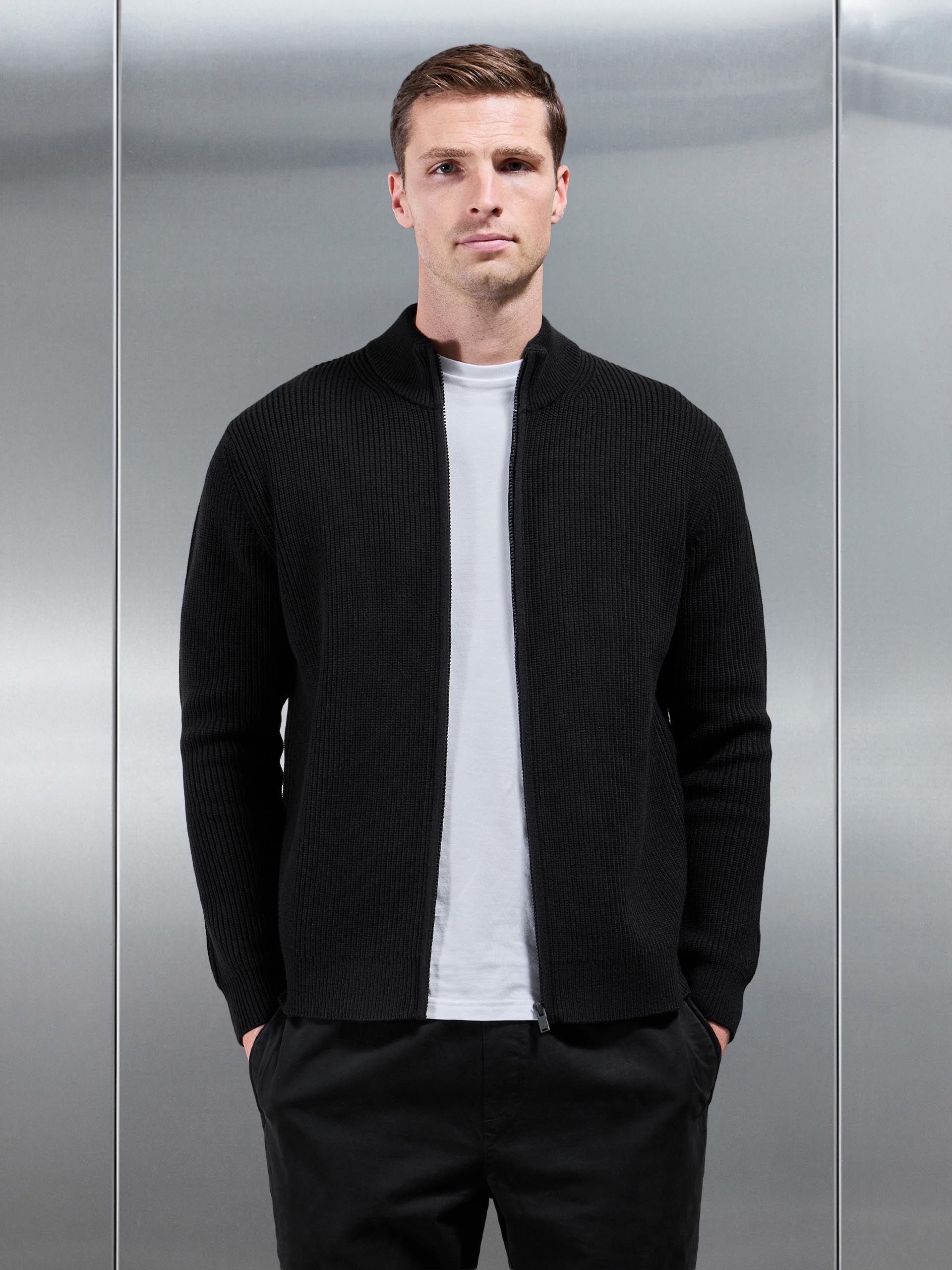 Chunky Ribbed Zip Through Jacket in Black