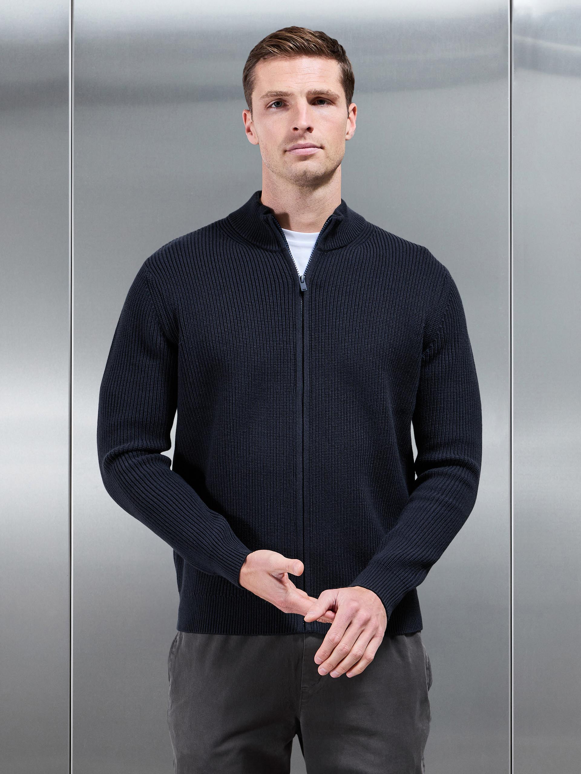 Chunky Ribbed Zip Through Jacket in Navy