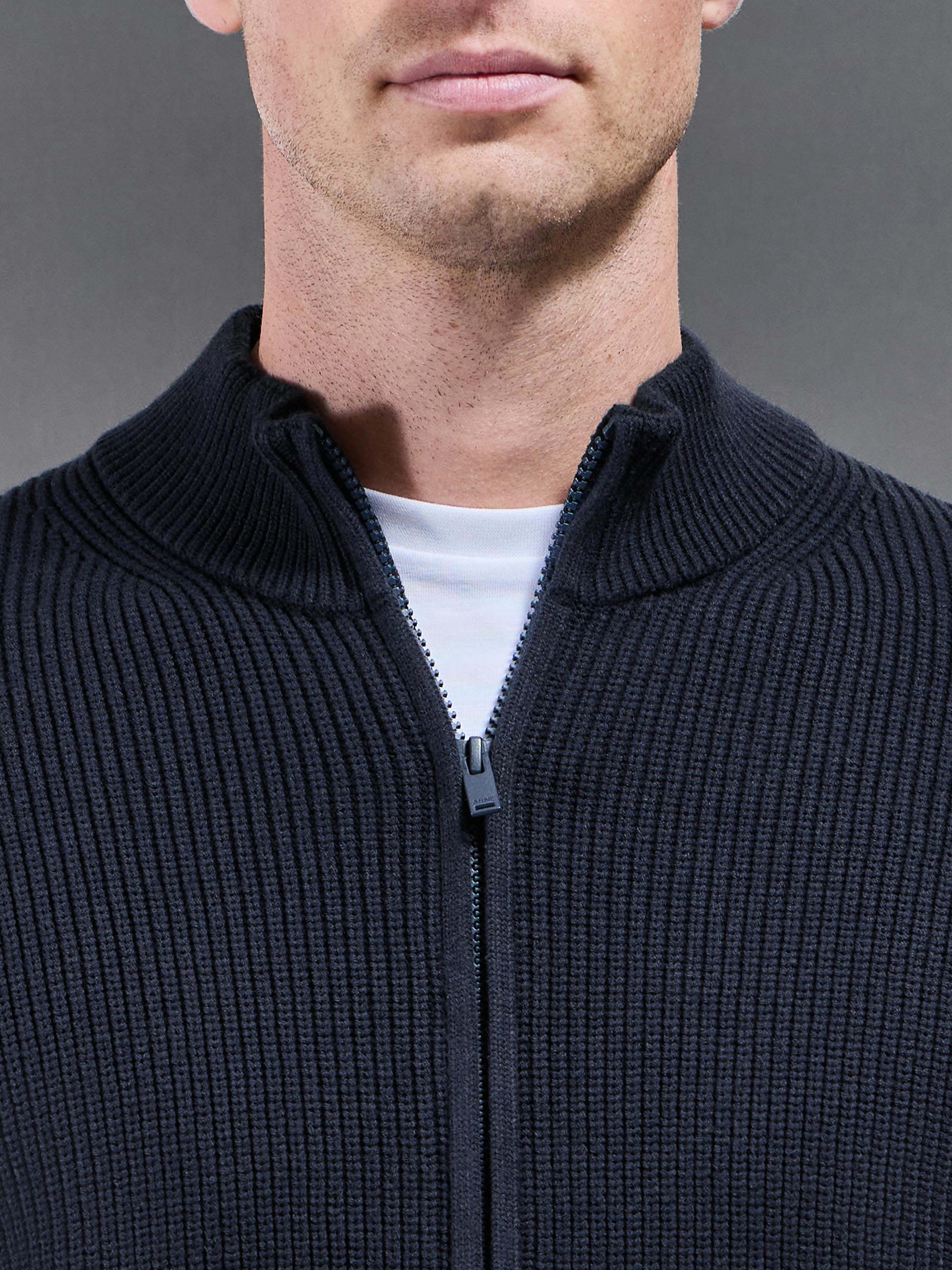 Chunky Ribbed Zip Through Jacket in Navy