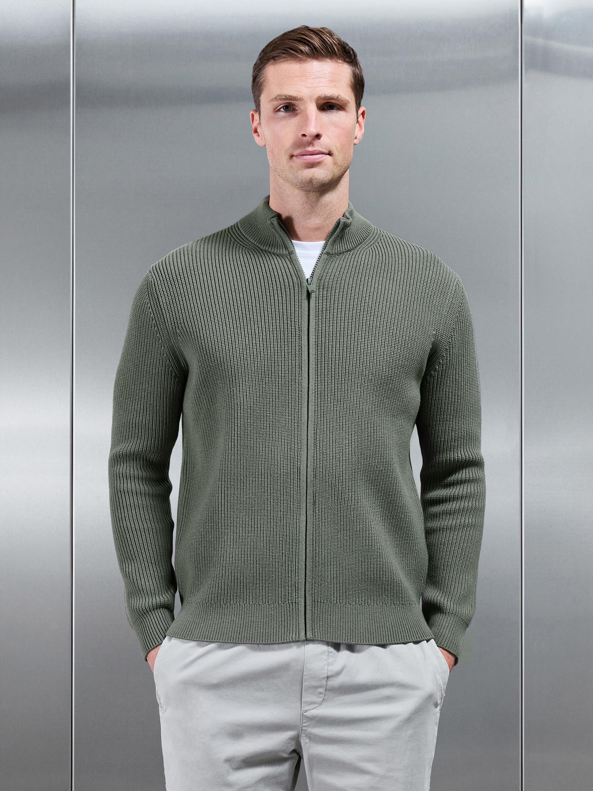 Chunky Ribbed Zip Through Jacket in Sage