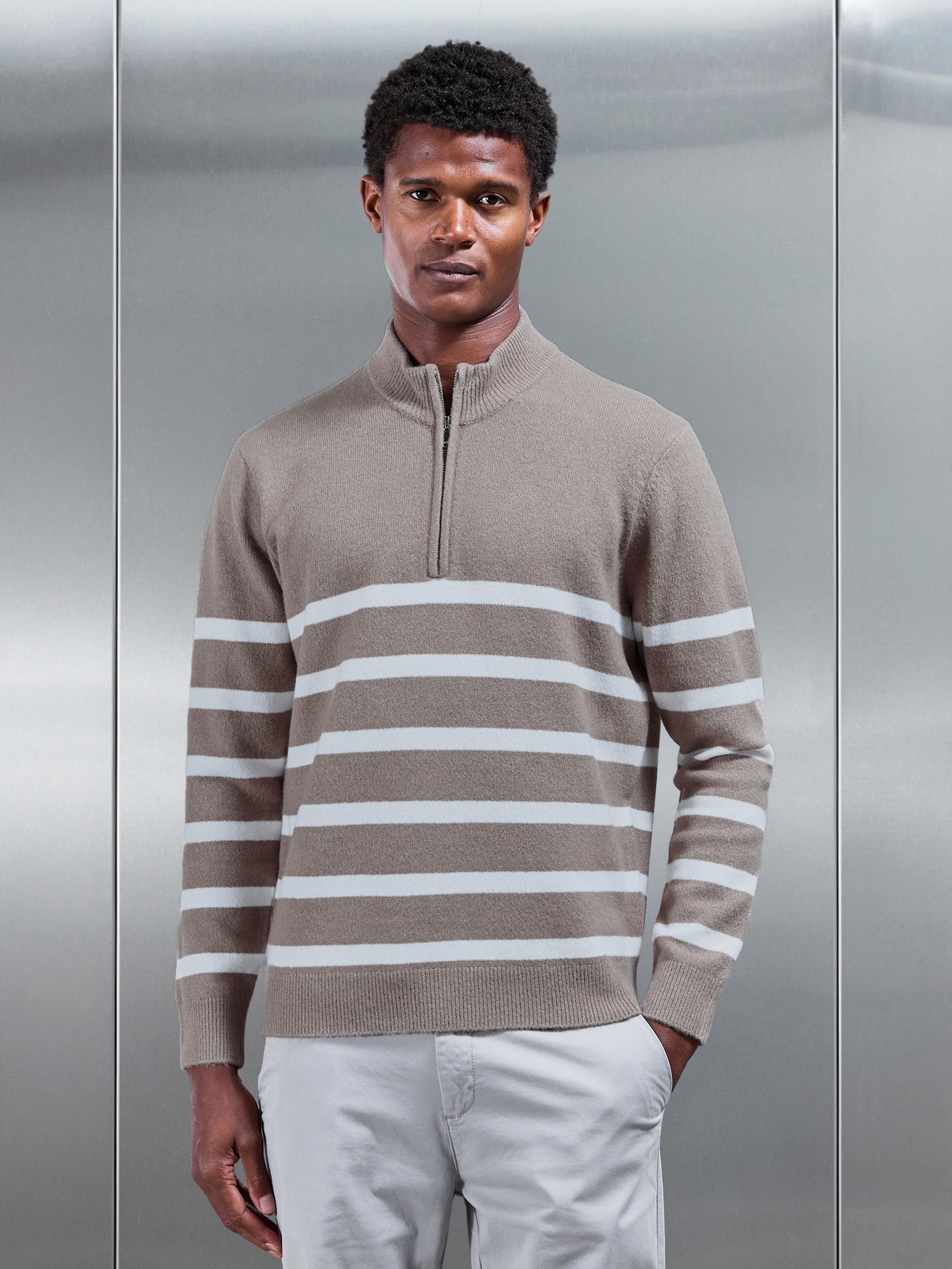 Chunky Wool Stripe Half Zip in Taupe