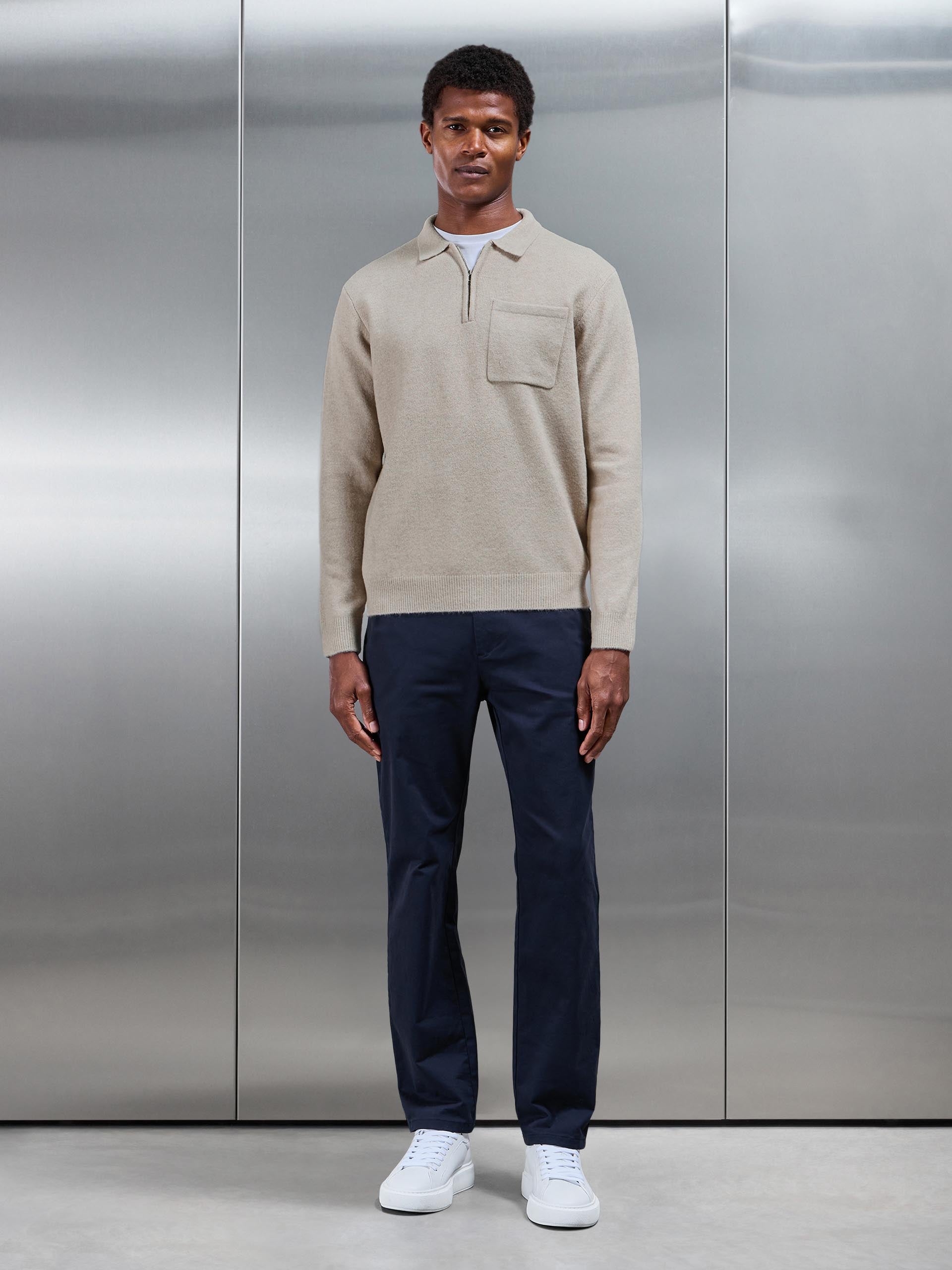 Chunky Wool Zip Polo Shirt in Stone