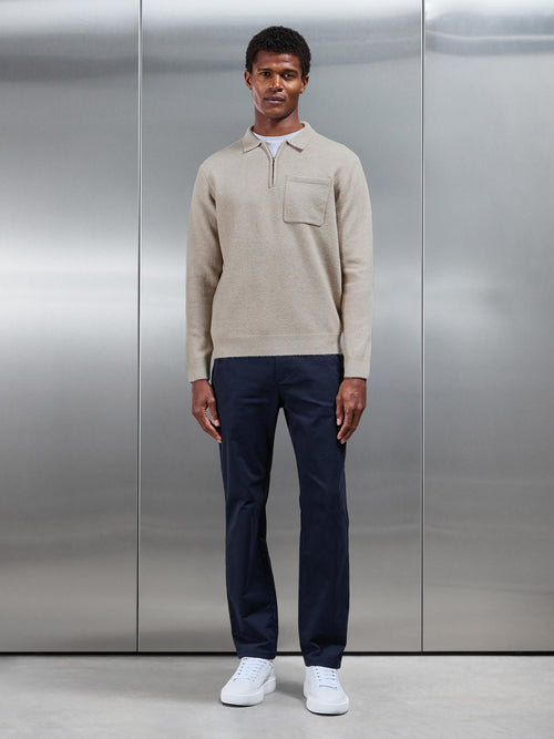 Chunky Wool Zip Polo Shirt in Stone