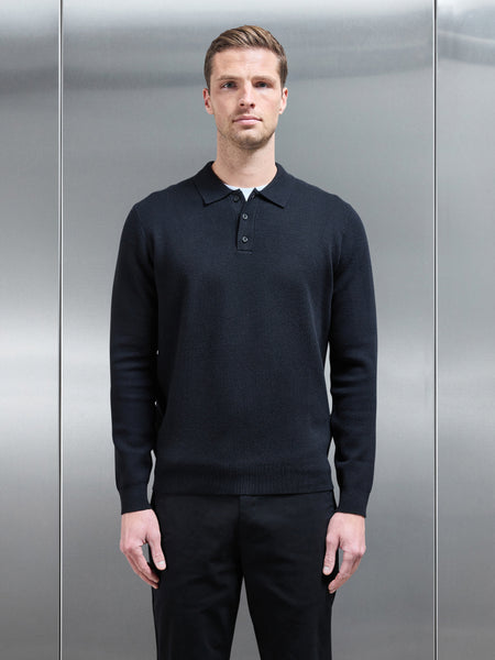 Chunky Knitted Polo Shirt in Black