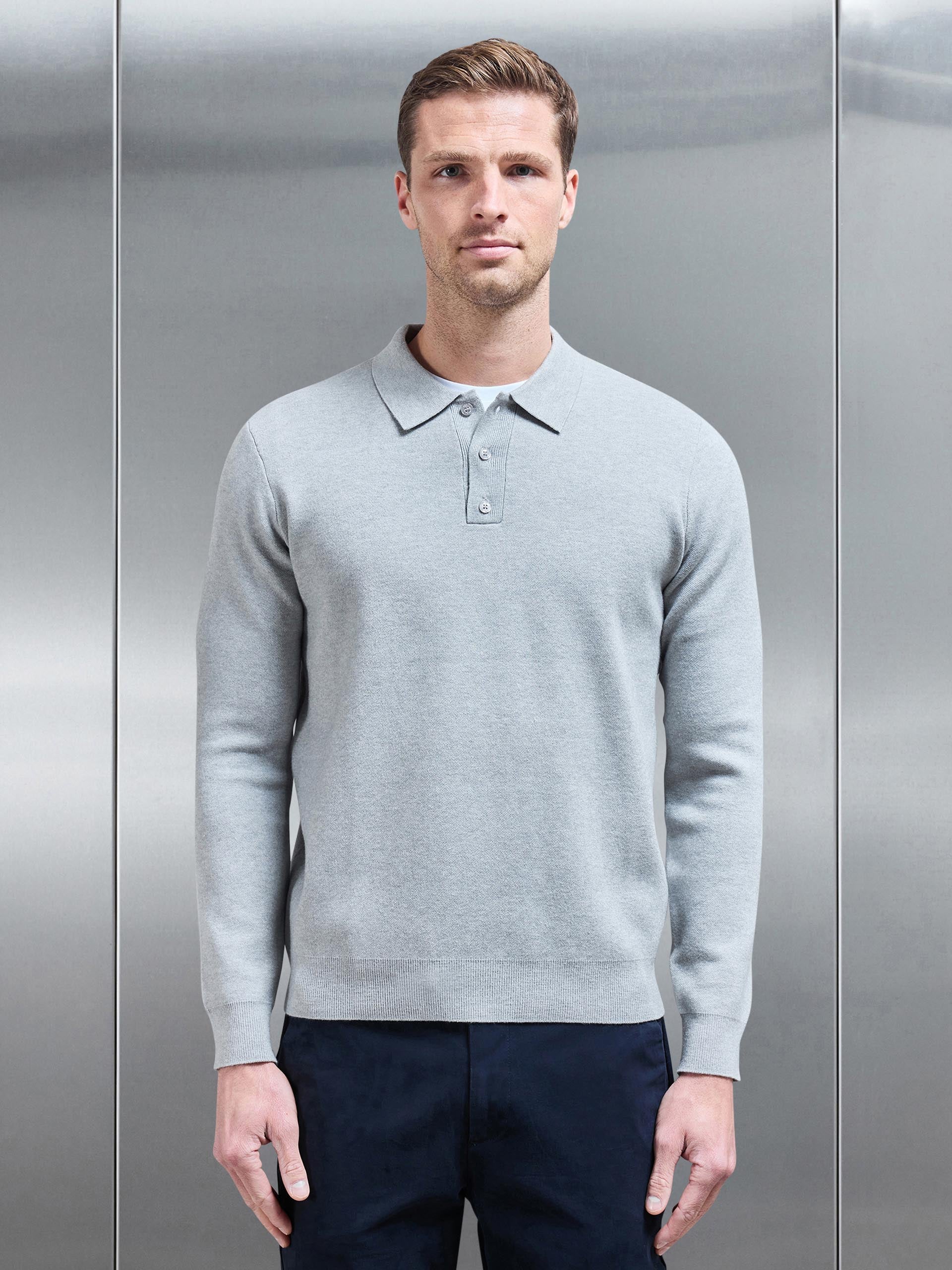Chunky Knitted Polo Shirt in Marl Grey