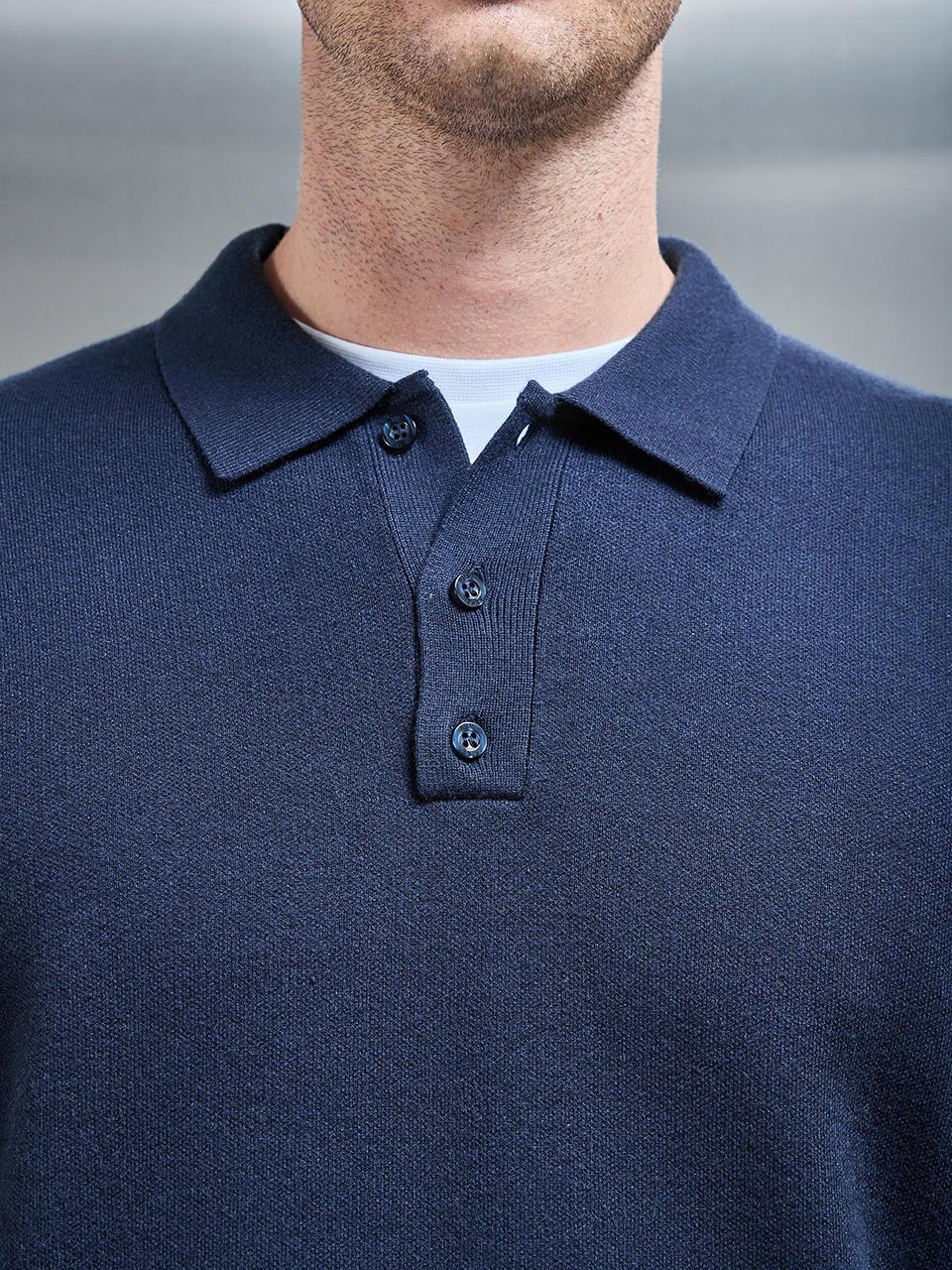 Chunky Knitted Polo Shirt in Navy