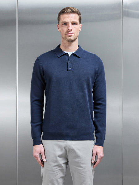 Chunky Knitted Polo Shirt in Navy