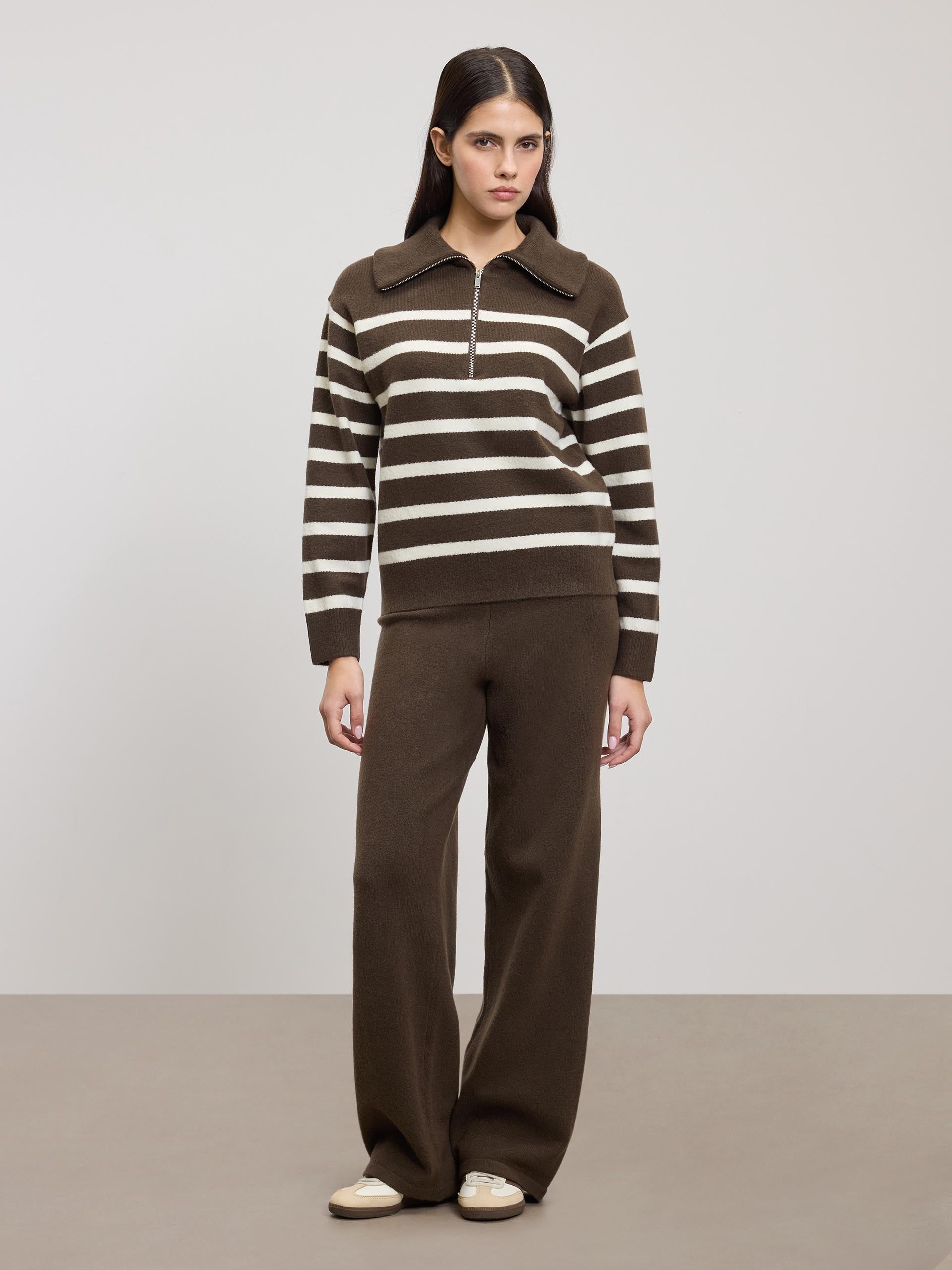 Womens Chunky Wool Stripe Half Zip in Brown White