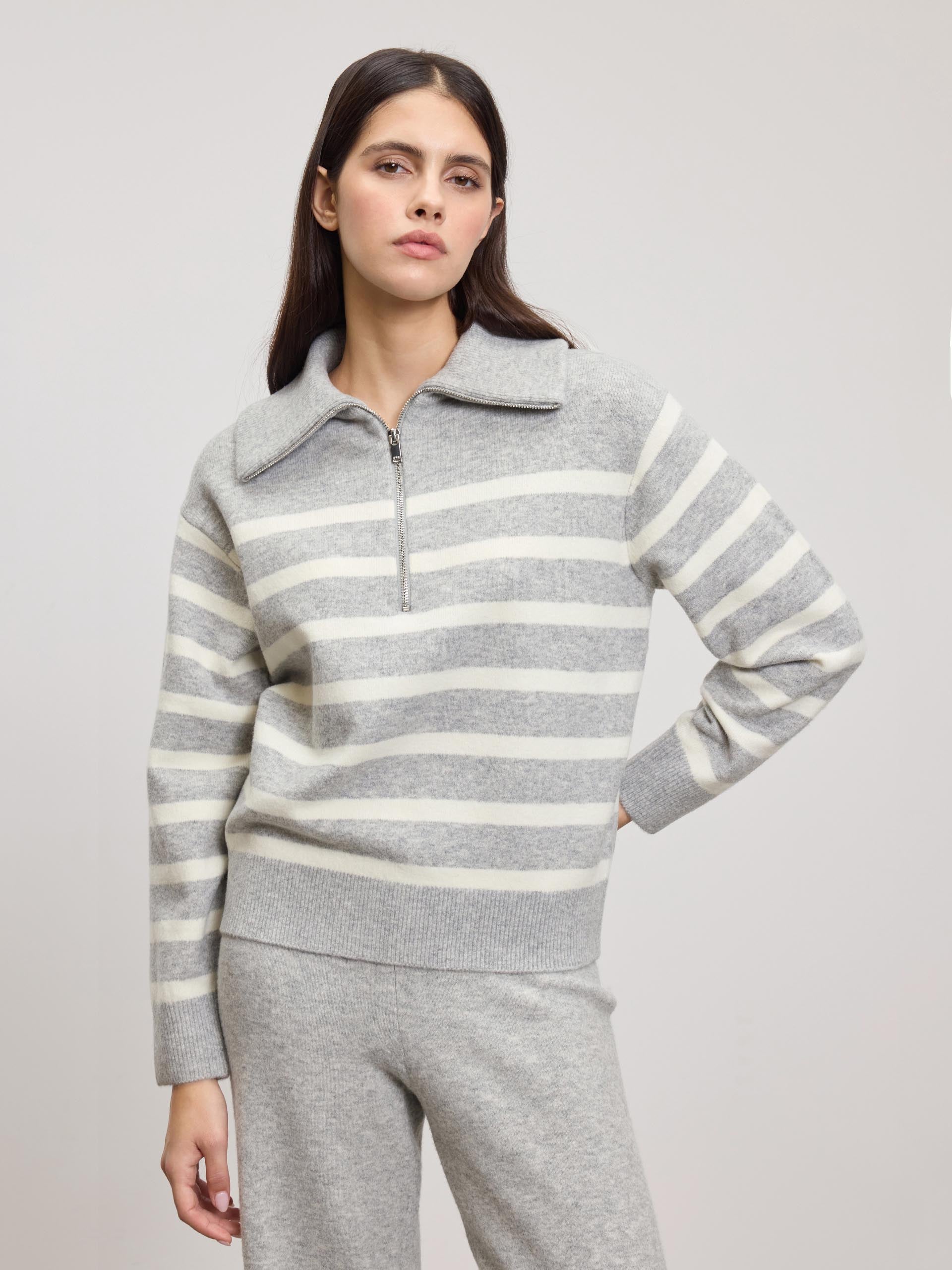 Womens Chunky Wool Stripe Half Zip in Grey White