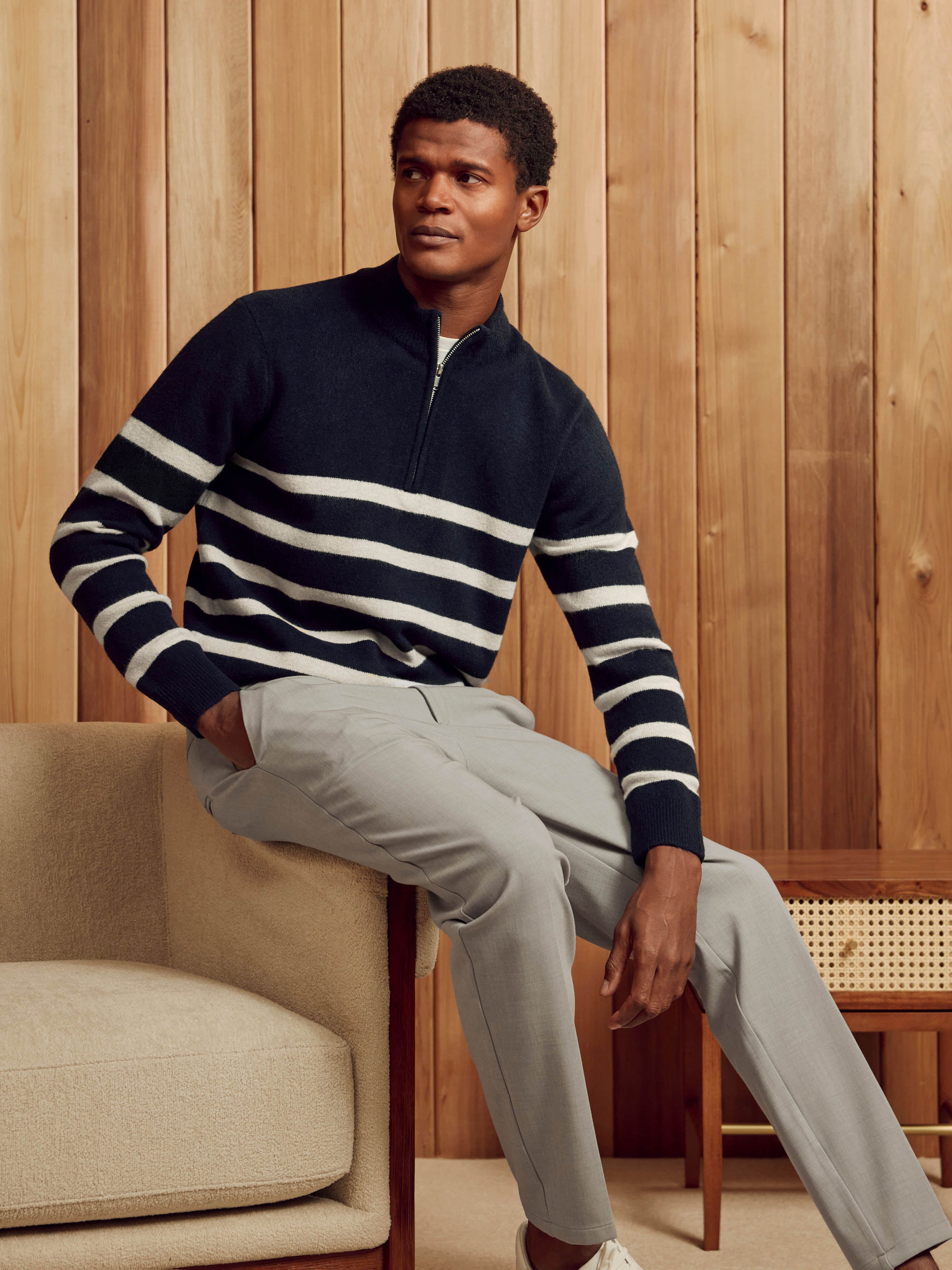 Chunky Wool Stripe Half Zip in Navy
