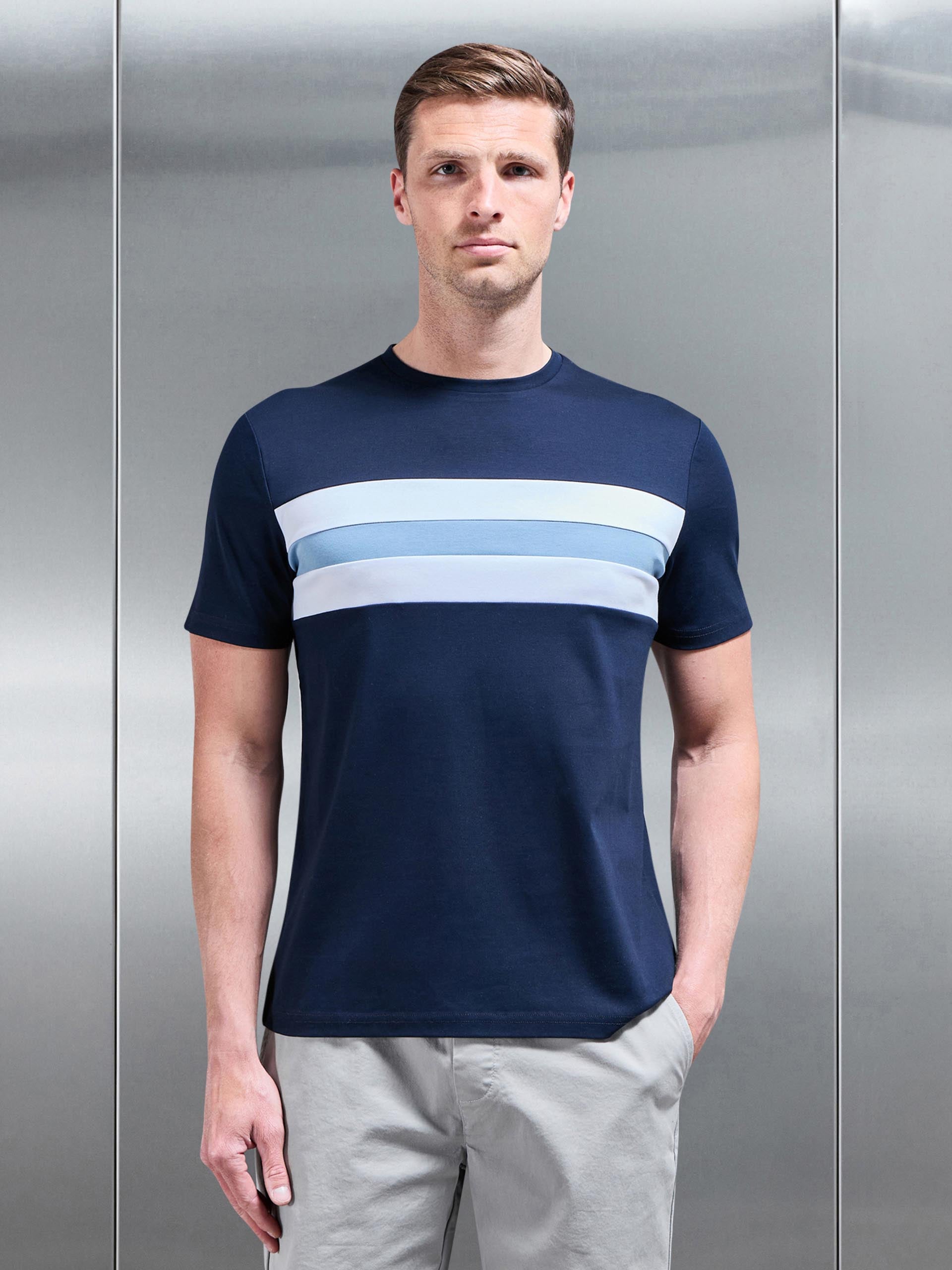 Coley Mercerised Colour Block T-Shirt in Navy