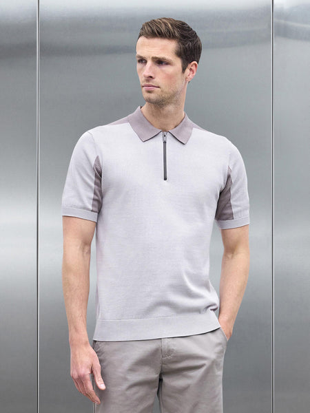 Colour Block Zip Polo Shirt in Stone