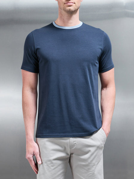 Contrast Crew Neck Slim Fit Stretch Cotton T-Shirt in Navy