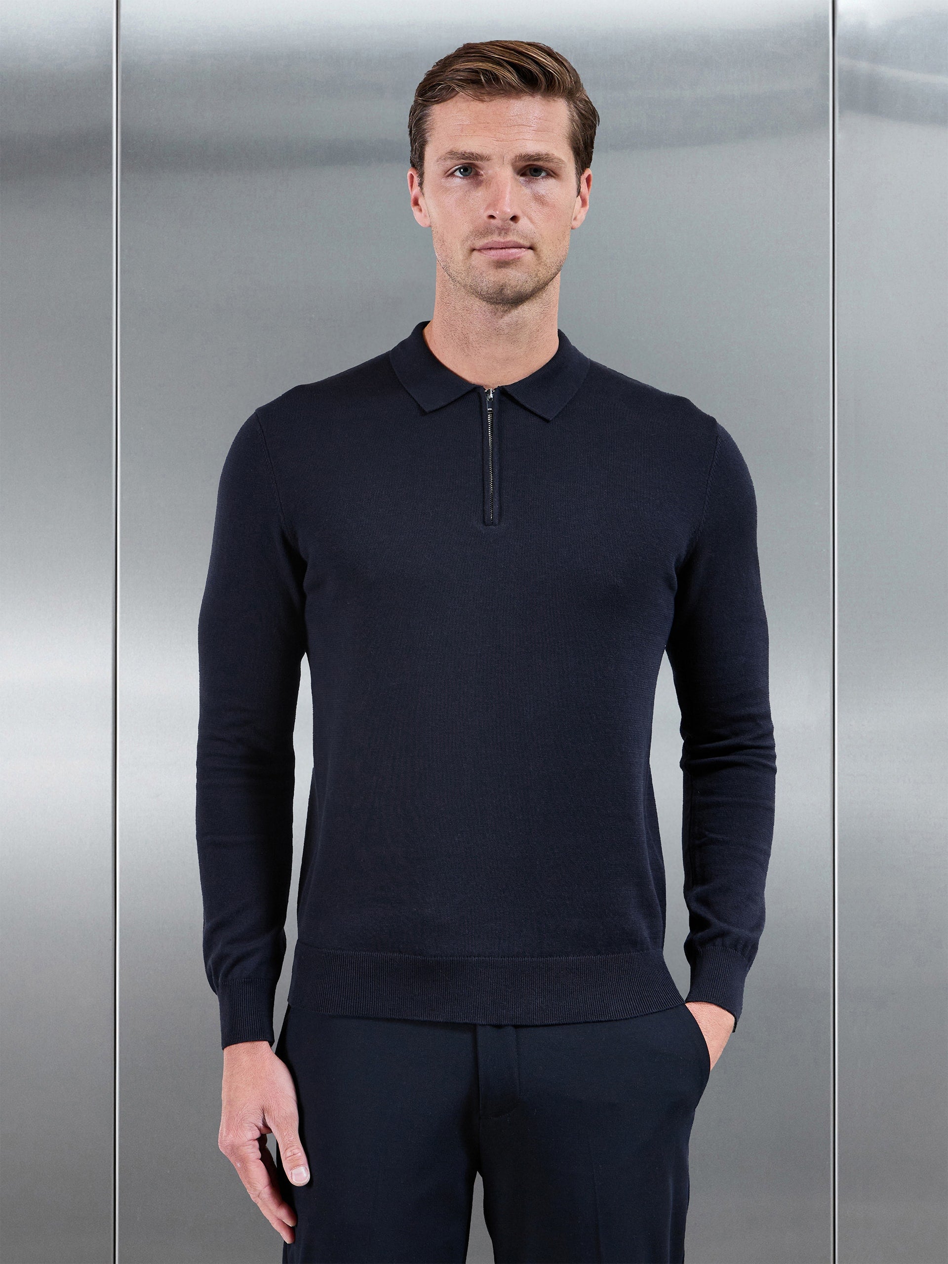 Cotton Knitted Long Sleeve Zip Polo Shirt in Navy | ARNE US