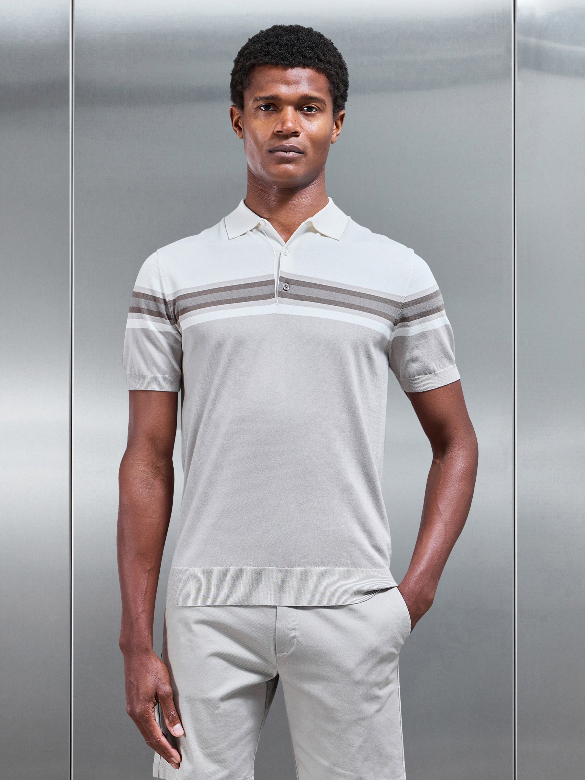 Cotton And Silk Colour Block Button Polo Shirt in Taupe