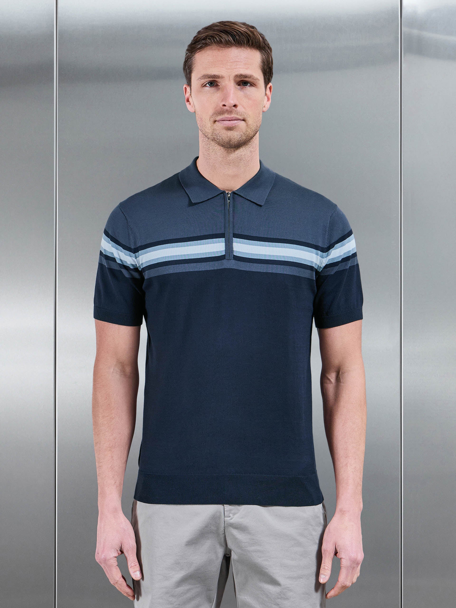 Cotton And Silk Colour Block Zip Polo Shirt in Navy